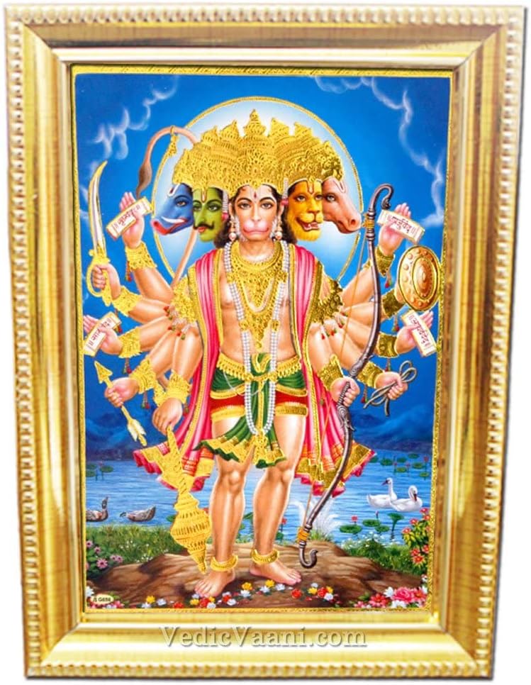 Vedic Vaani Panchmukhi Hanuman Golden Color Wooden Frame Dimensions: 6 x 8 inches