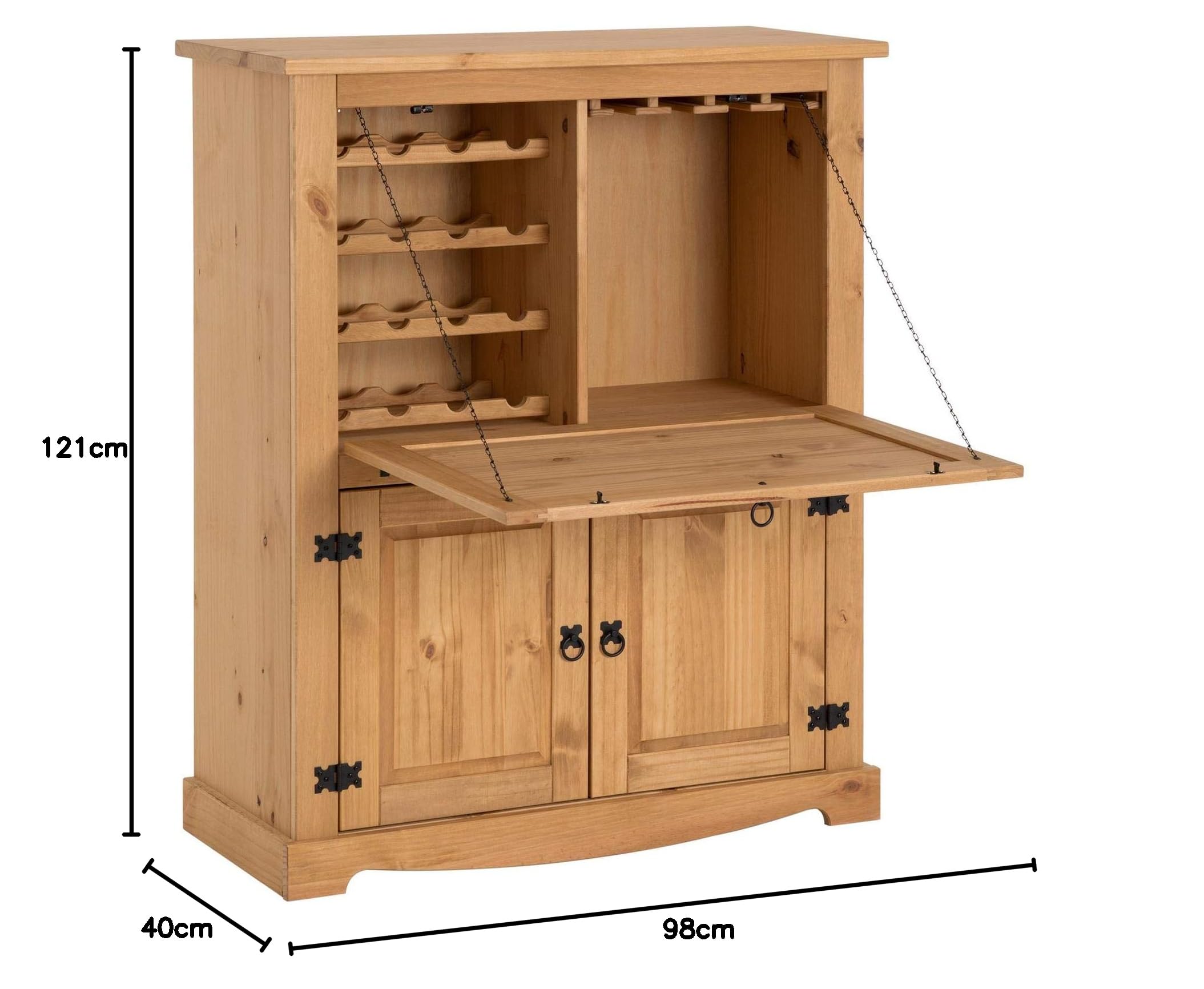 IDIMEX Weinschrank Tequila, schöner Barschrank im Mexiko Stil, praktische Hausbar aus Kiefer massiv in gebeizt/gewachst, Stilvolles Weinregal mit 1 Klappfach und 2 Türen