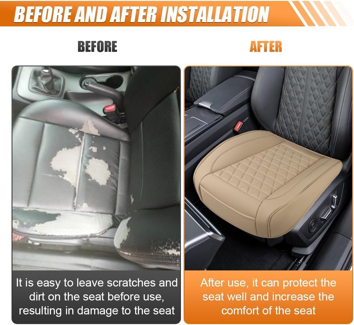 Luxury Faux Leather Car Seat Cover, Anti-Slip Waterproof Universal Front Bottom Seat Protector with Storage Pocket, Triangular Pattern Vehicle Seats Cushion for Sedans, SUVs, Trucks (2PCS&Beige)