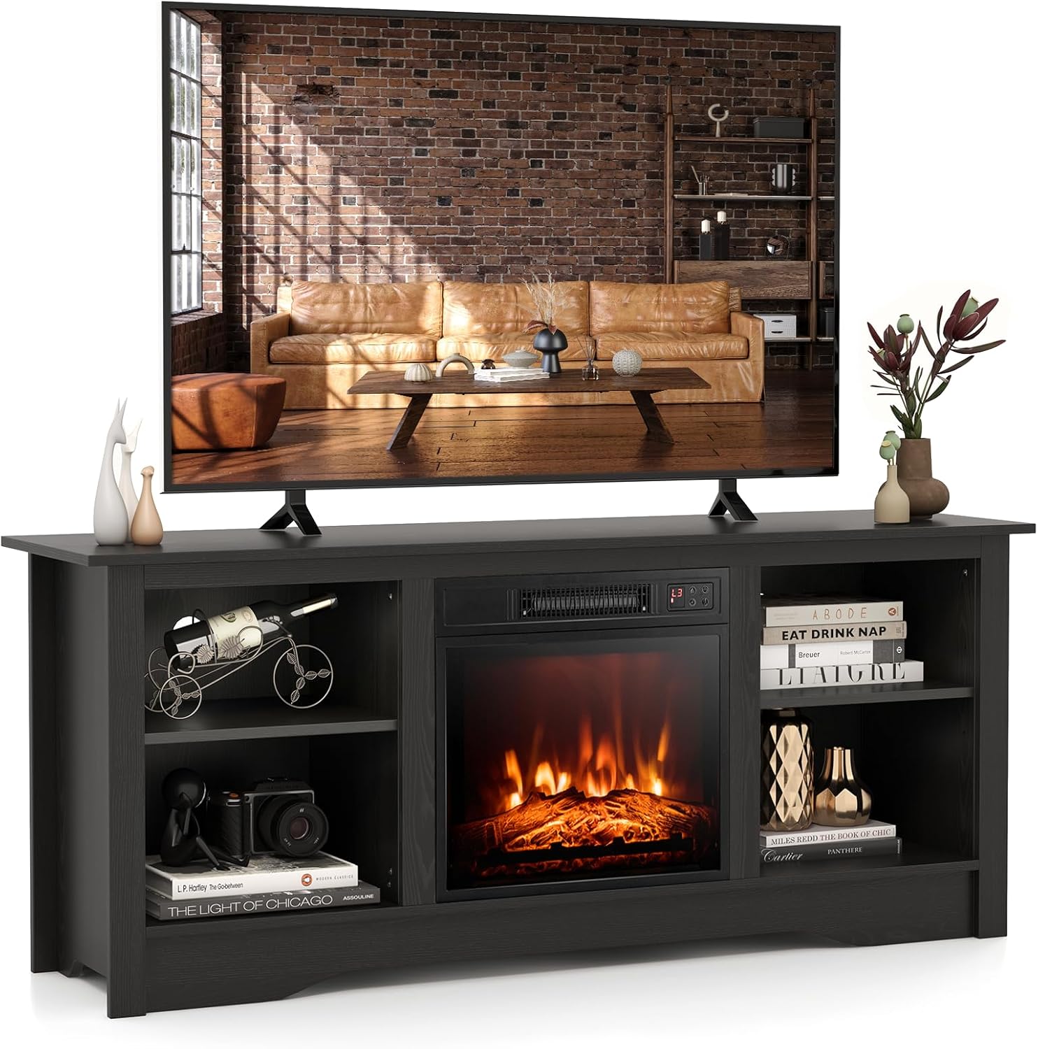 SIMOE Electric Fireplace TV Stand for TVs up to 65 Inch, 58 Inch Modern TV Console with 18'' Fireplace, 2 Open Shelves & Cabinets, Fireplace Heater with 6H Timer & Remote Control for Home, Black