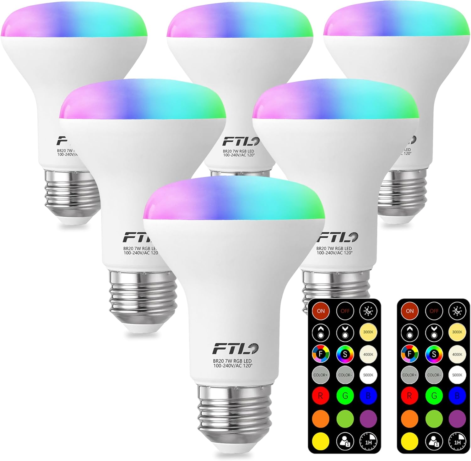 FTL R20 Color Changing Light Bulb with Remote Control, BR20 LED Bulb Dimmable RGB Colored Light Bulbs 7W=60W, 30 Colors, 2700K-6000K, Timer, Color Flood Light Bulbs for Recessed Can Lighting, 6-Pack