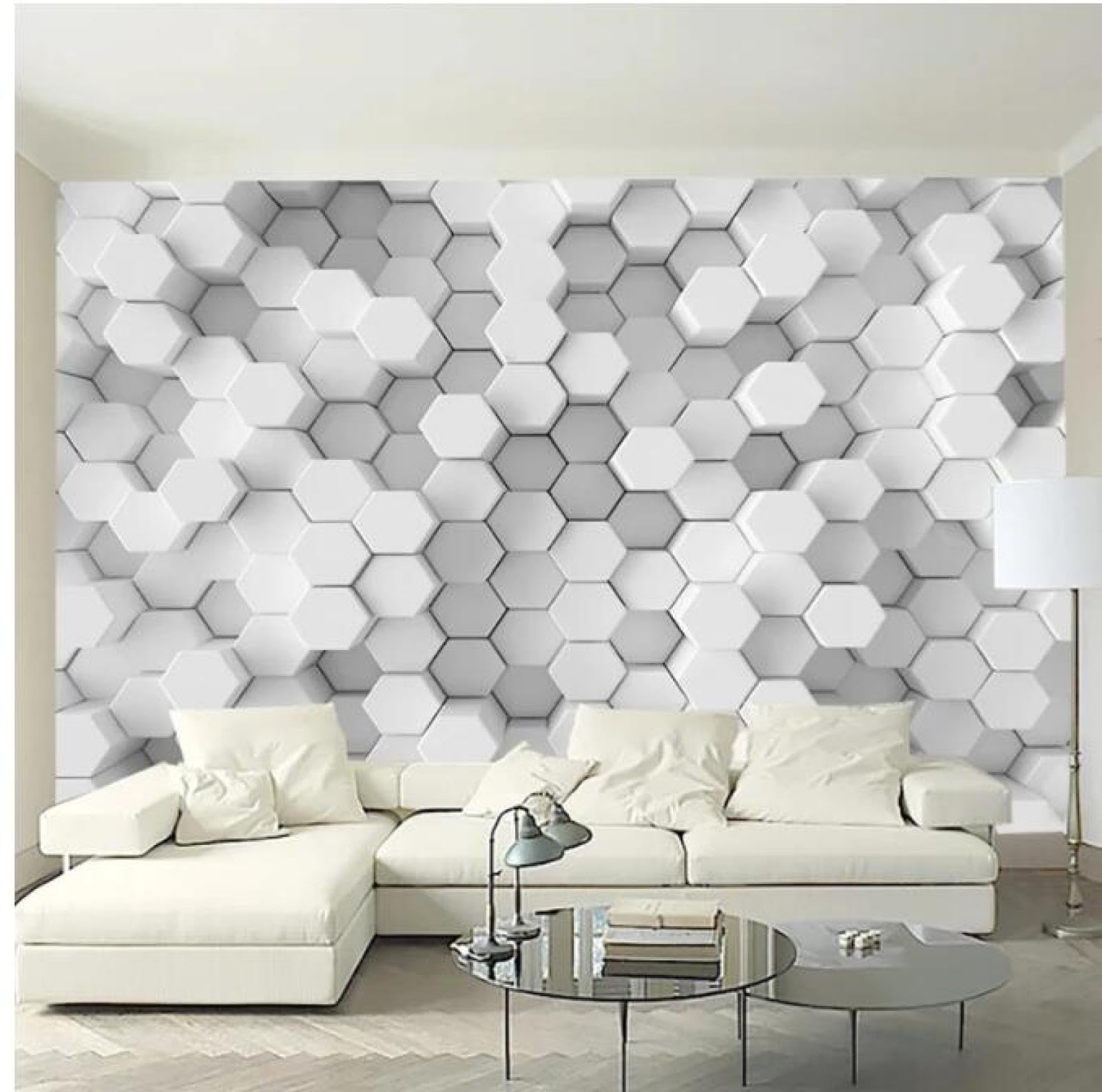 Mobyat 3D Wallpaper White Hexagon Geometric Mosaic Photo Wall Paper Living Room Bedroom Mural Painting,,400X280cm