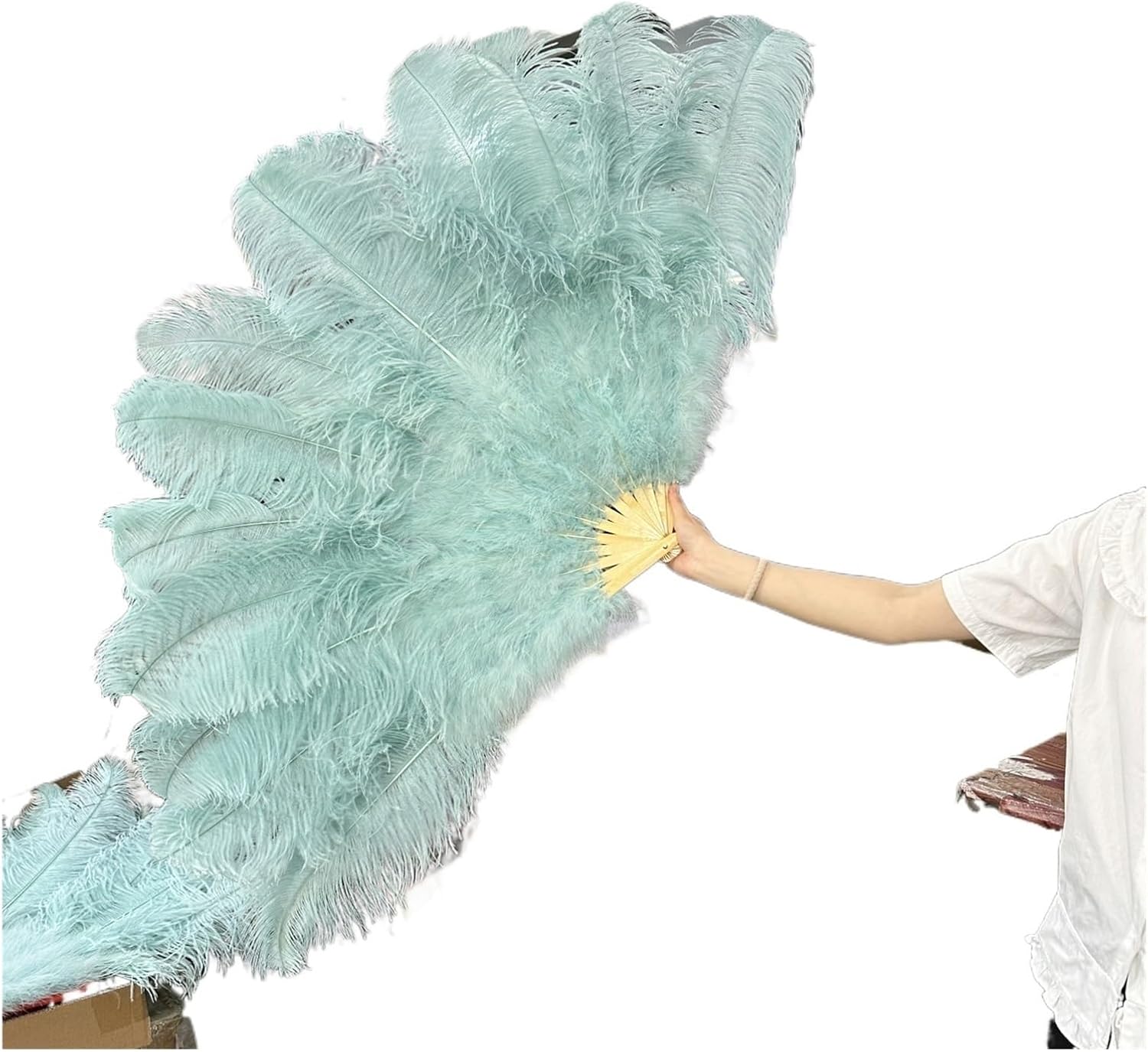 Large Ostrich Feather Fan Leather Pink 130cm for Burlesque Dance Showgirl Costume Halloween Party Performance Decorative Crafts(Blue,130CM Left Hand)