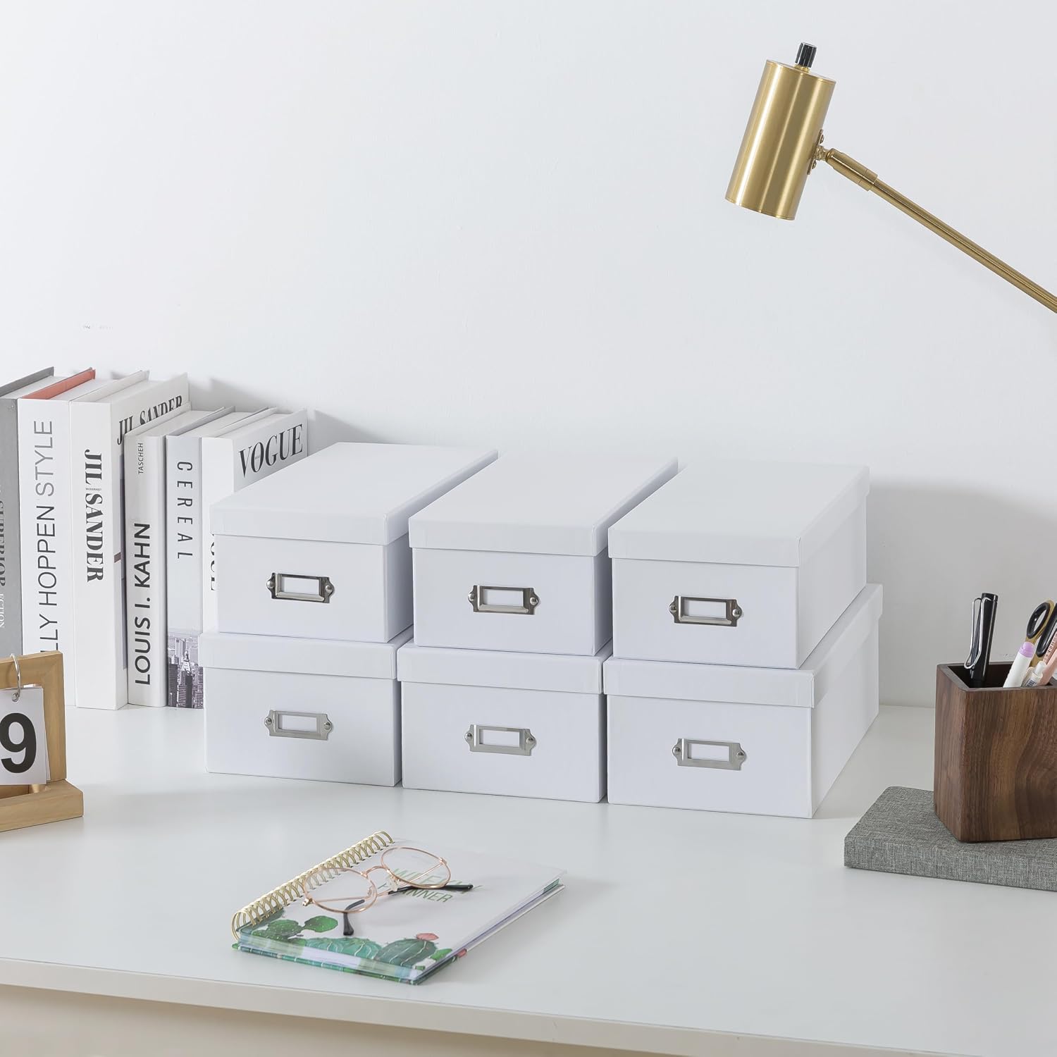 Soul & Lane White Storage Boxes - Set of 6 (3 Large, 3 Medium), Keepsake Memory Storage Boxes with Lids, Cardboard Organizers with Label Holders for Photos, Crafts, Collectibles