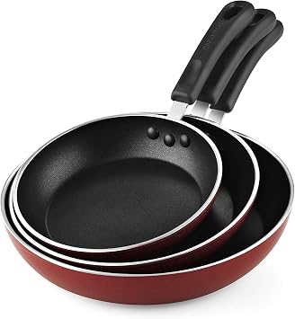 Cook N Home Professional 8/9.5/11 Inch Nonstick Frying Pan Set, Kitchen Cooking Skillets Saute Fry Pan, Induction Compatible, 3-Piece, Red