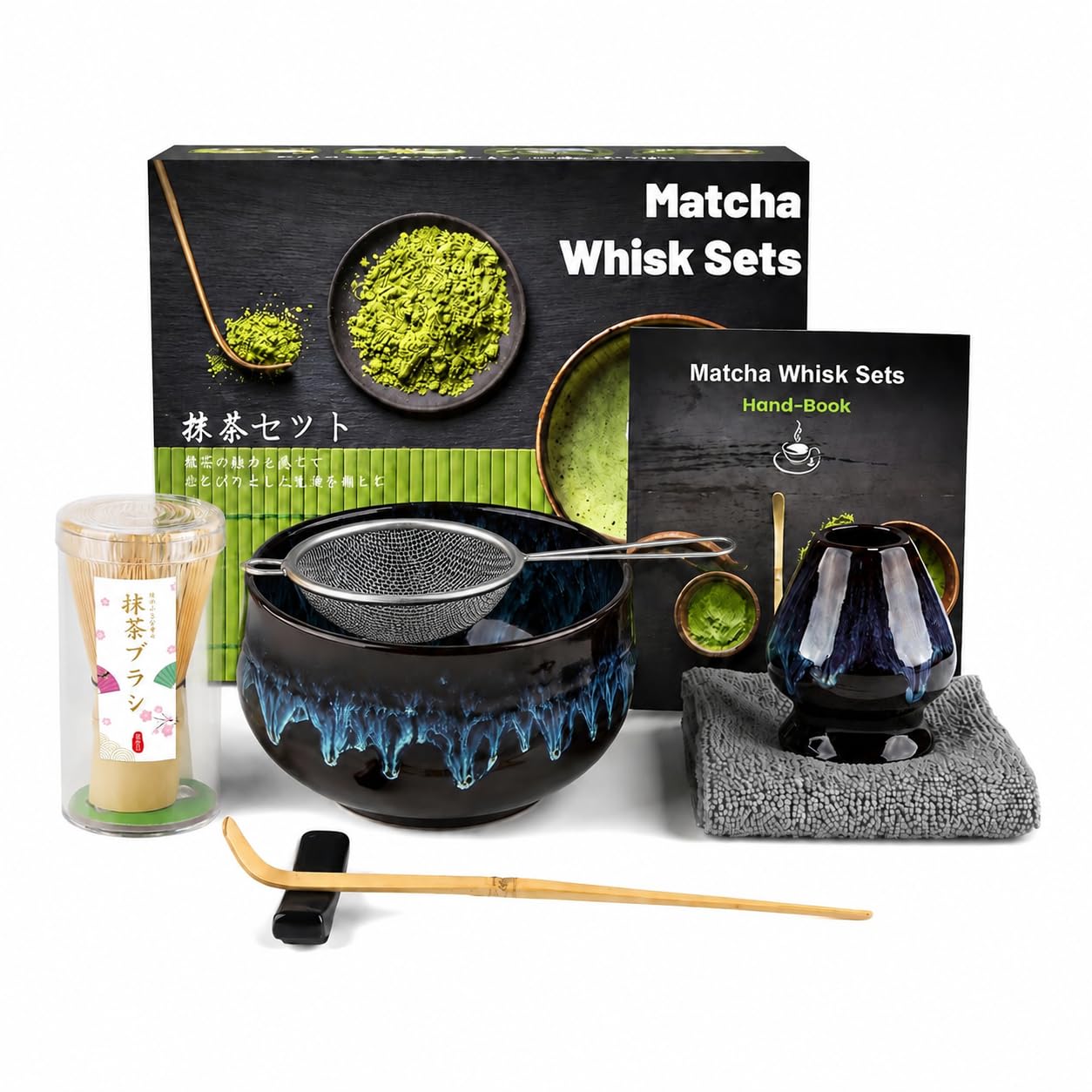 Muexoee 7 Pcs Matcha Set,Matcha Tea for Making Breakfast/Latte,Whisk Set and Bowl with All Accessories,Authentic Tea Ceremony,Sand Gold kiln-Changed Blue Bowl,Bamboo Stirrer — image 1