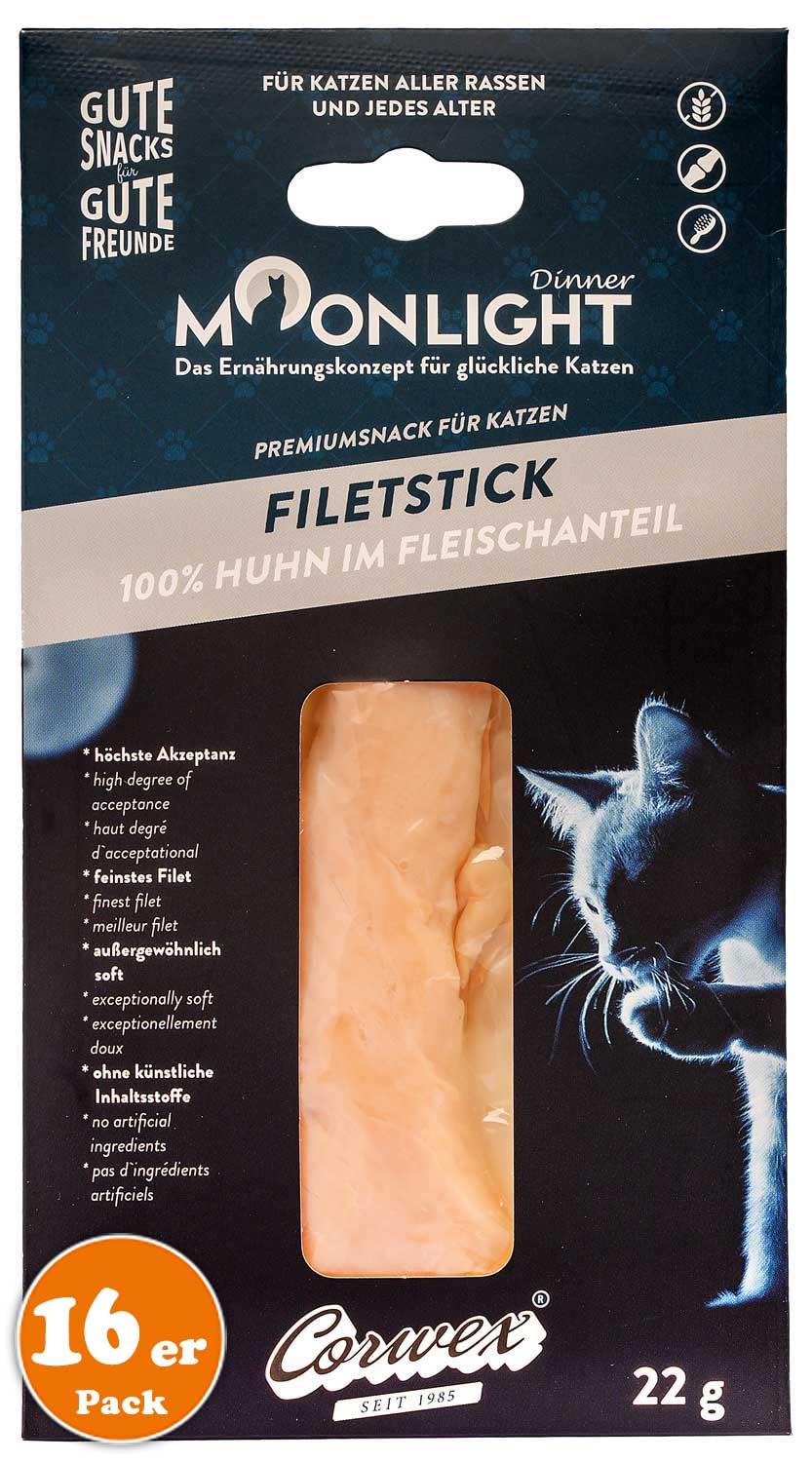 Moonlight Filet-Stick mit Huhn (16 x 22 g) – Getreidefreier Premium Katzensnack - 100 % Huhn im Fleischanteil – Besonders Soft & bekömmlich