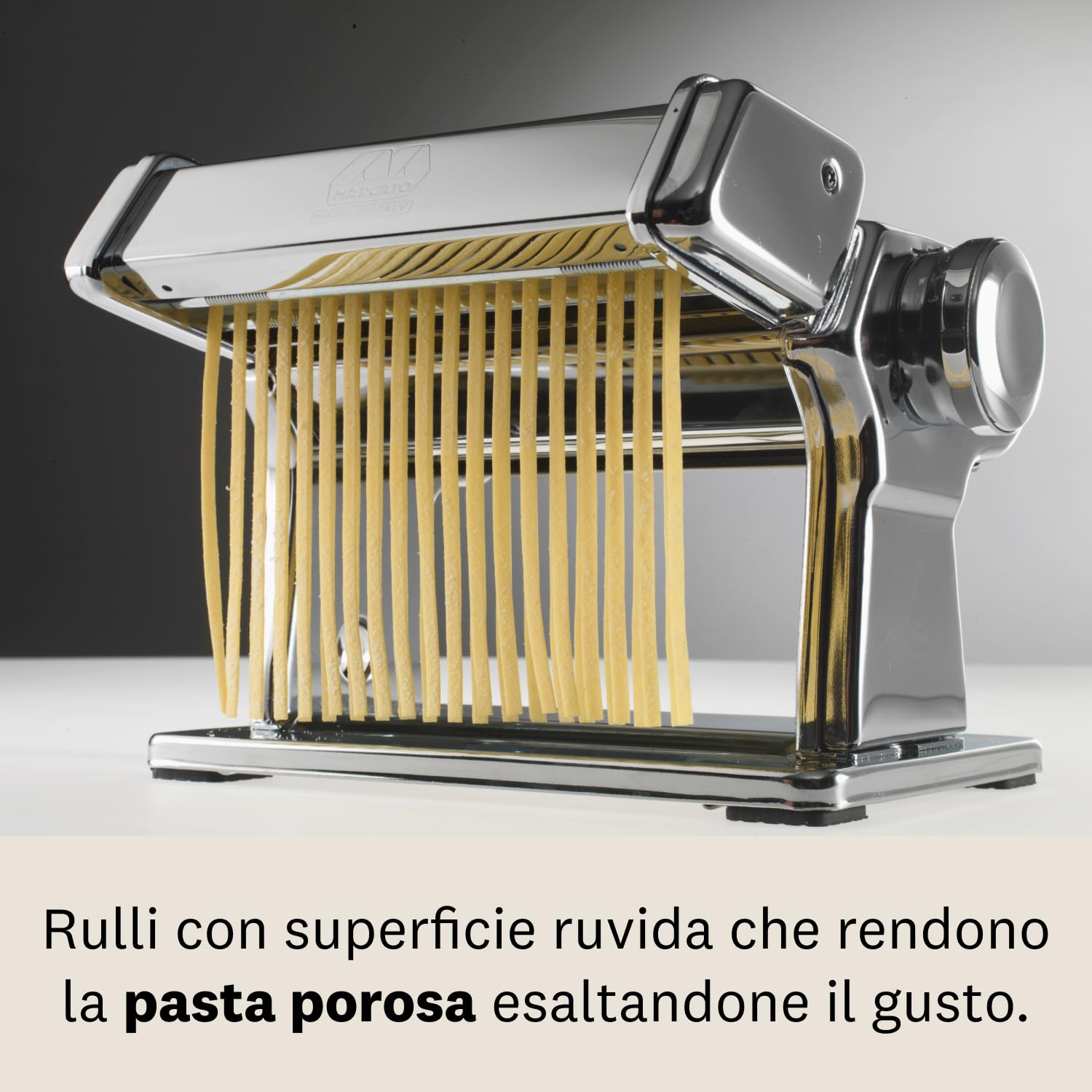 Marcato Atlas 150 Macchina per la Pasta + Accessorio Reginette e Trenette, Pasta Maker, Tirapasta in Acciaio Cromato, 10 Spessori, Compatibile con Motore e Accessori Extra, Made in Italy