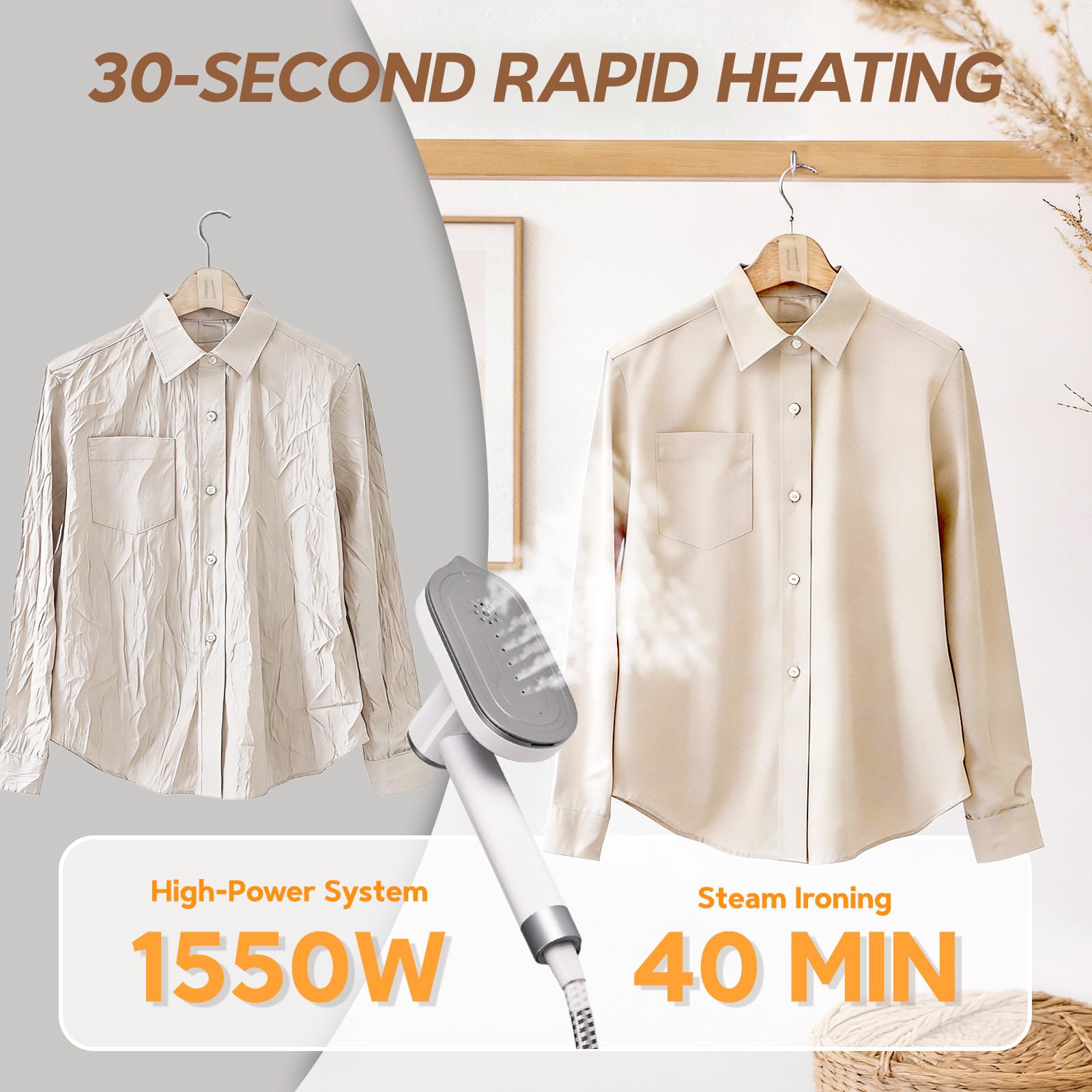 2 In 1 Steamer for Clothes:1550W Powerful Steamer with 1100ml Detachable Tank, 30s Fast Heat-Up, Horizontal & Vertical Use, Portable Wrinkle Remover for Clothes Drapes Bedding (White) image 3
