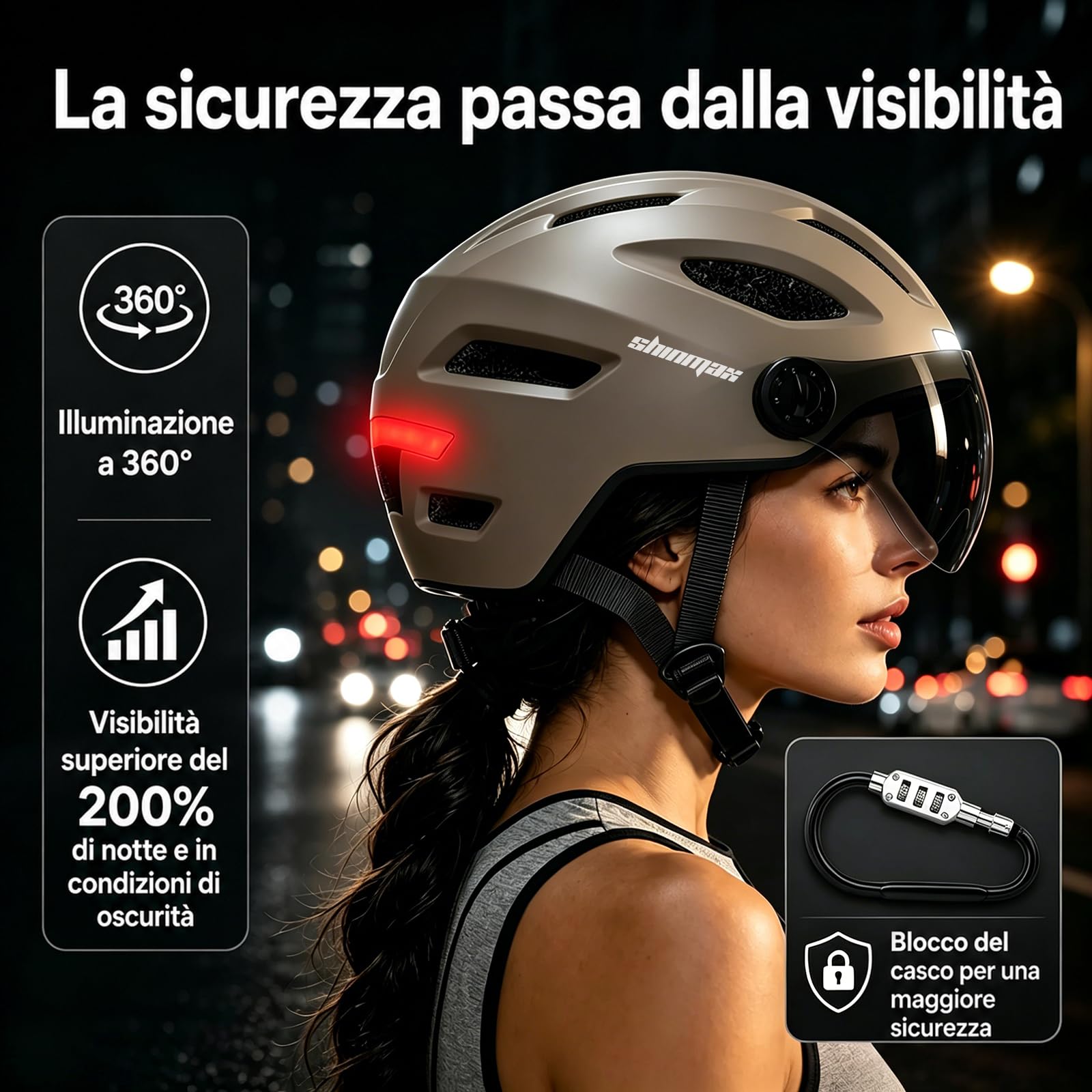 Shinmax Casco Bici Uomo Donna Luce LED Frecce Integrate Lucchetto