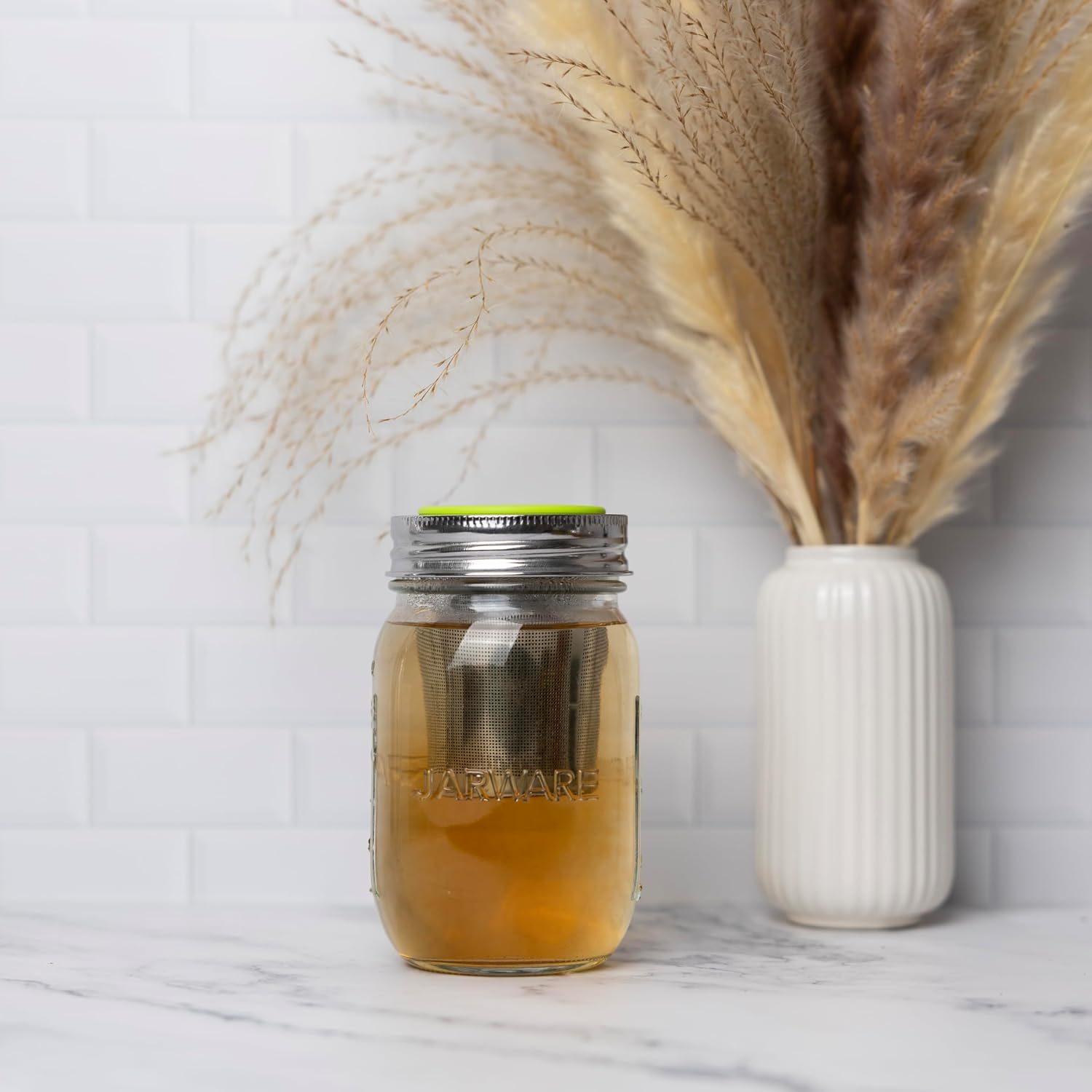 Jarware Mason Jar and Tea Infuser Lid, Set of Glass Regular Mouth 16oz Jar and Stainless Steel Tea Infuser Lid