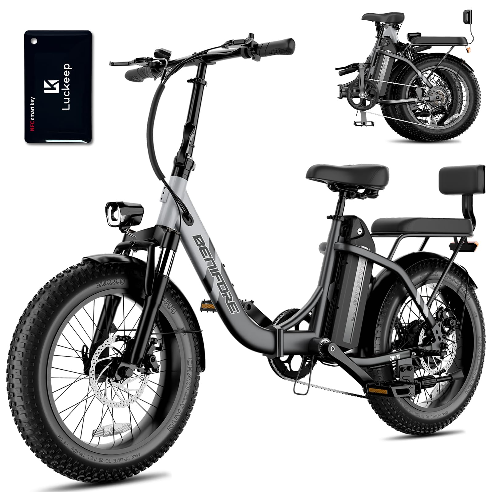 Luckeep C23 2-Seater Electric Bike for Adults,750W Peak Motor 28 MPH,720WH Removable Battery 65Miles Step-Thru Folding Ebikes,20" Fat Tire EBikes for Adults with NFC,Commuting E-Bike for Women/Men