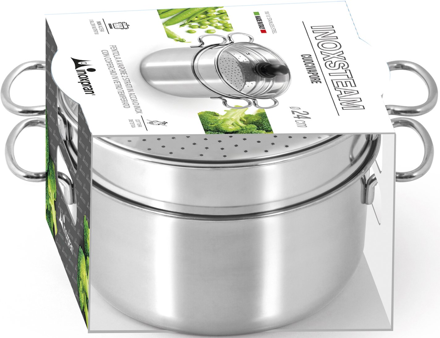 INOXPRAN Inoxsteam Cuocivapore Inox da 24 cm con Coperchio Made in Italy, Acciaio Inossidabile, 3 unità