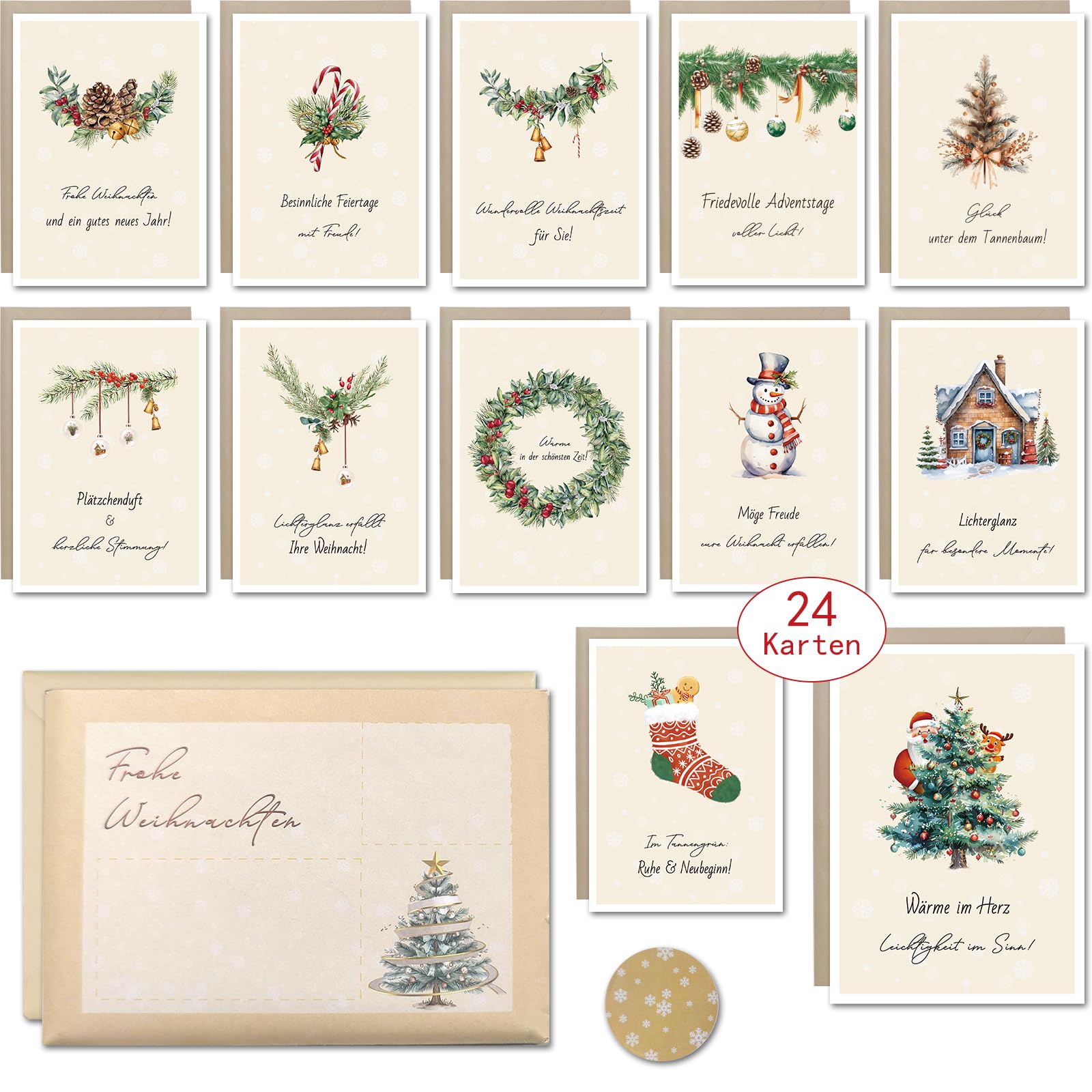 Szhhrxi 24 Stück Weihnachtskarten mit Umschlag & Sticker, A6 Postkarten Weihnachten (12 Motive), Lustige Frohe Weihnachten Karte mit Weihnachtsgrüße, 300g/m² Premium Papier Christmas Cards