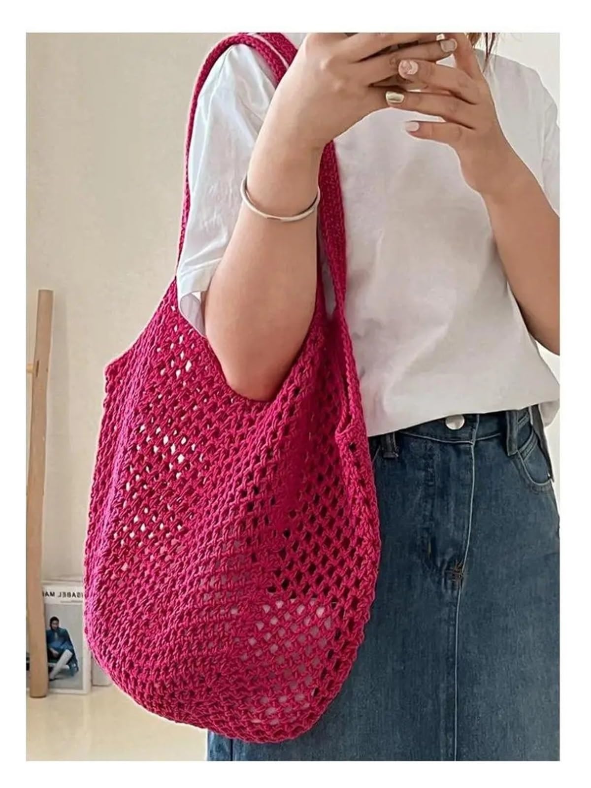 Leisure - Bolsa tejida de algodón de gran capacidad, bolsa de playa con paja hueca