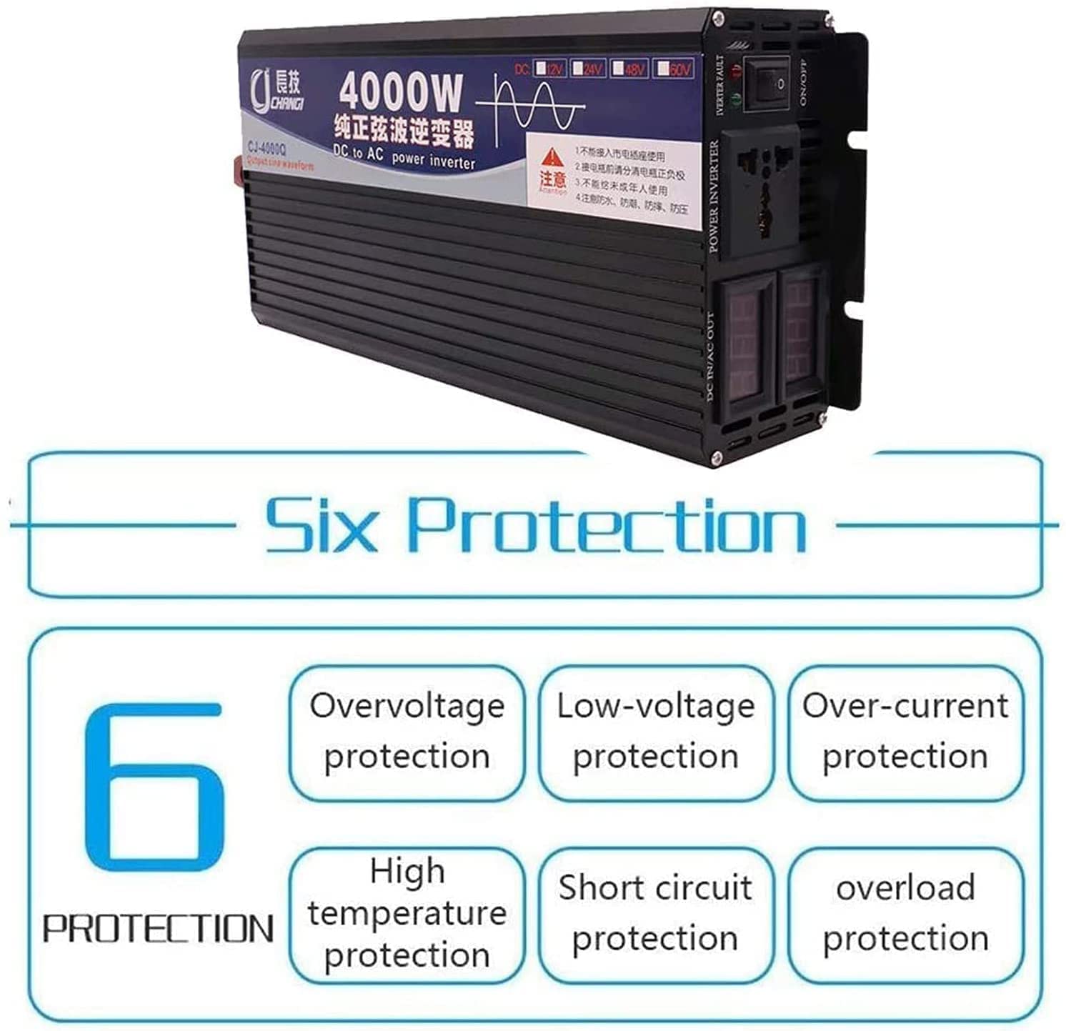 Inversor de corriente 1600W 2200W 3000W 4000W 5000W 6000W 8000W Inversor de onda sinusoidal pura DC 12V 24V 48V 60V a 230V 240V AC Convertidor de automóvil Cargador adaptador de automóvil con pantal