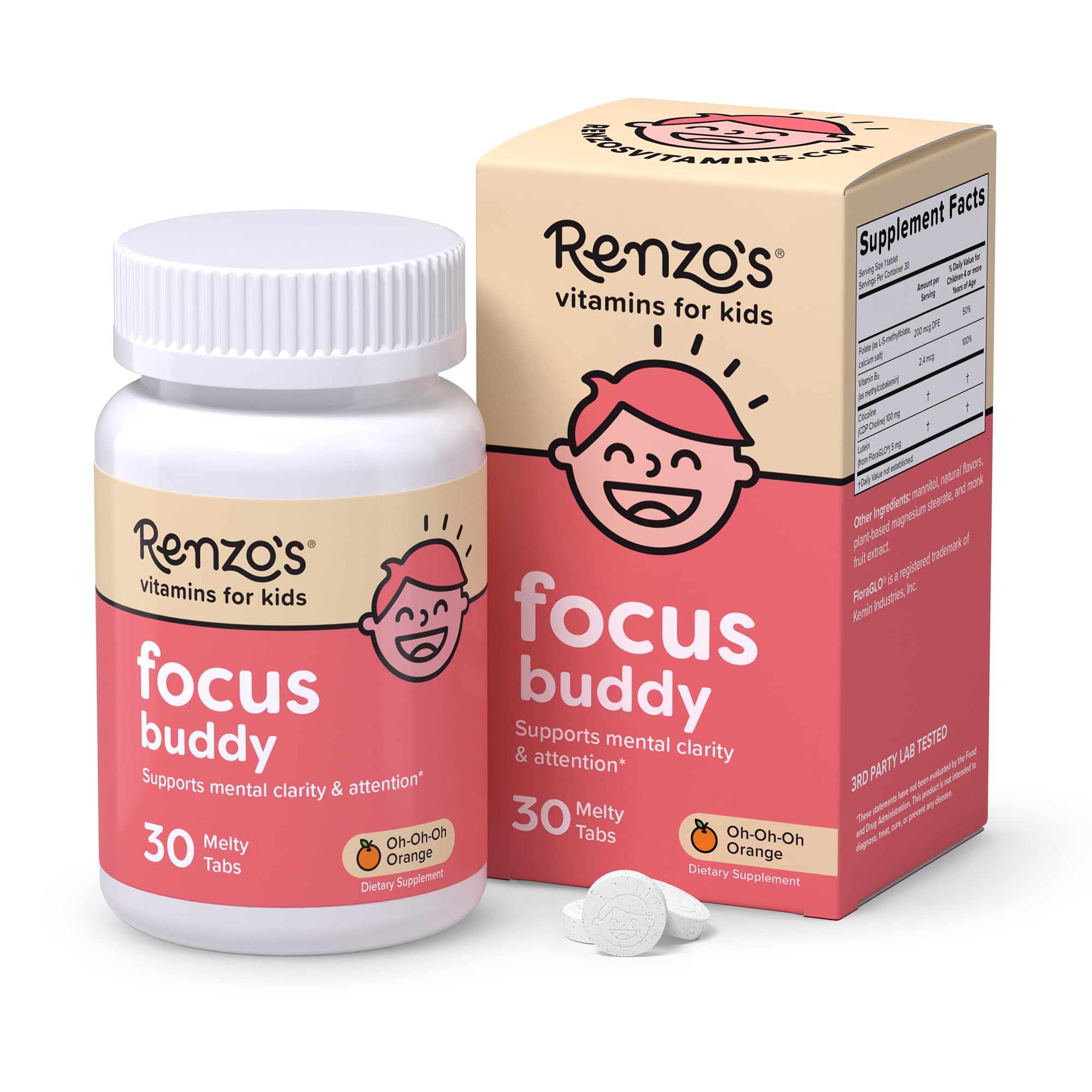 Renzo's Focus Buddy Kids Brain Support, Dissolvable Tabs, 30-Count