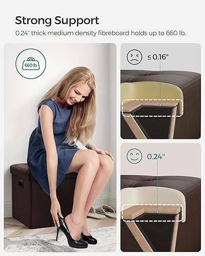 Miniatura 4 de Otomana plegable por Songmics, cubo de almacenamiento de 15 pulgadas con agujero y asa, piel sintética, Madera, Marrón