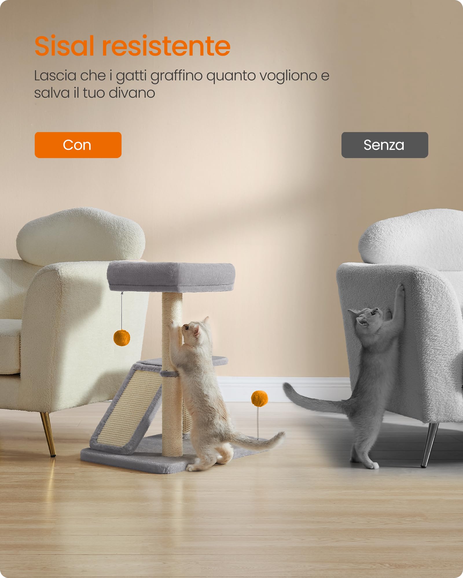 Feandrea Albero per Gatti con Lettino, Tiragraffi Multifunzionale da Interno con Rampa Graffiatoio Girevole, Trespolo, Auto-toelettatore, Pompon, Grigio Chiaro PCA024G01