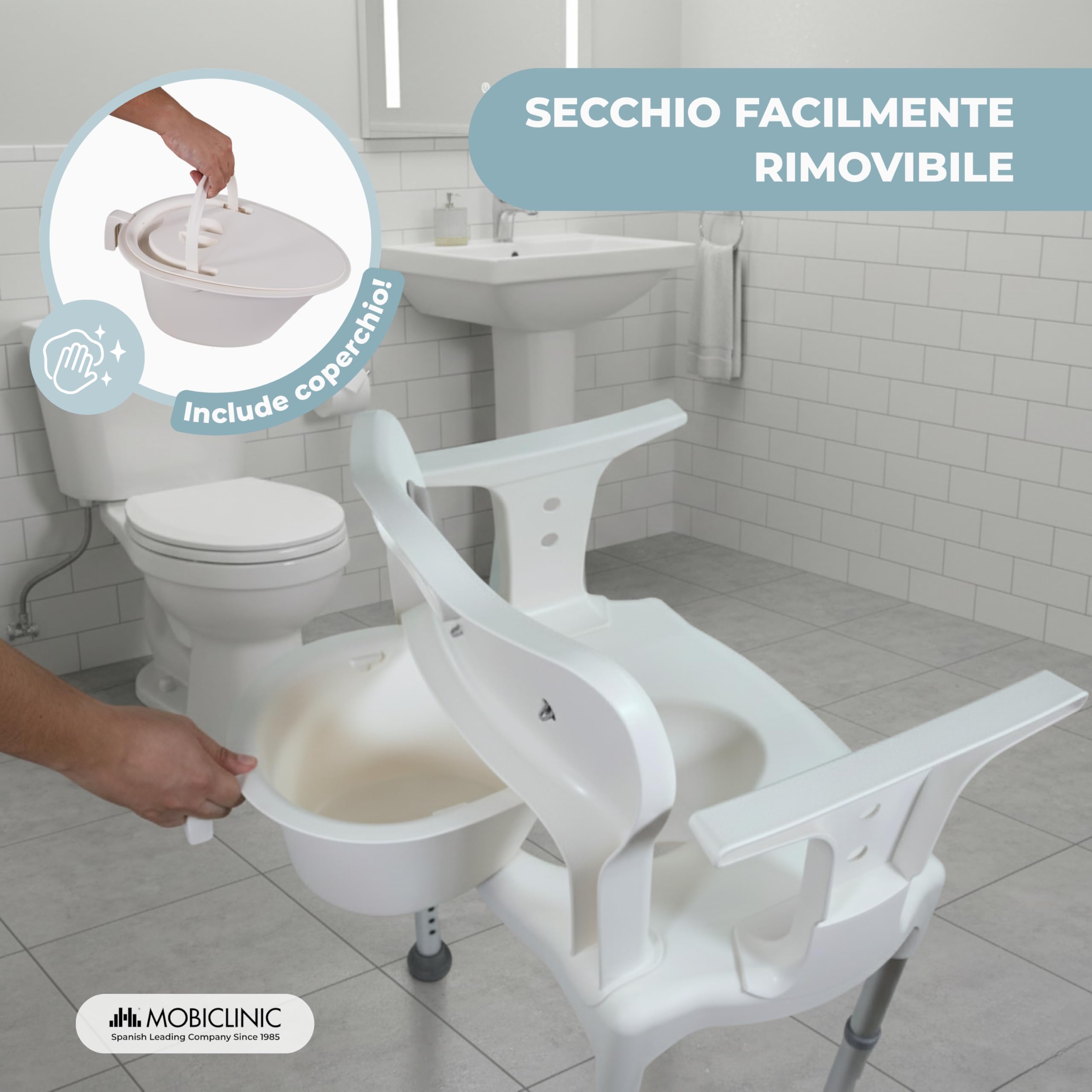 Mobiclinic®, Sedia WC, Vasca e Doccia, 3 in 1, Altezza Regolabile su 6 Livelli, Orinatoio Rimovibile da 3,5 L, Cuscini per Seduta e Schienale, Multifunzione, Terminali Antiscivolo, Guido
