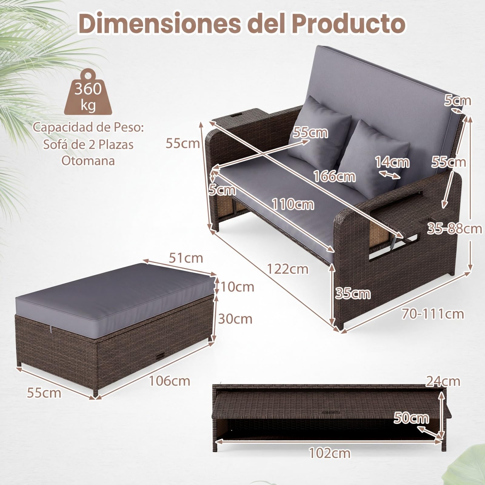 COSTWAY 4 en 1 Tumbona de Ratán para Patio, Sofa Exterior de Ratán con Respaldo Ajustable y Mesas Auxiliares Plegables, Conjunto de Sofá de 2 Piezas y Otomana con Almacenamiento (Marrón+Gris)