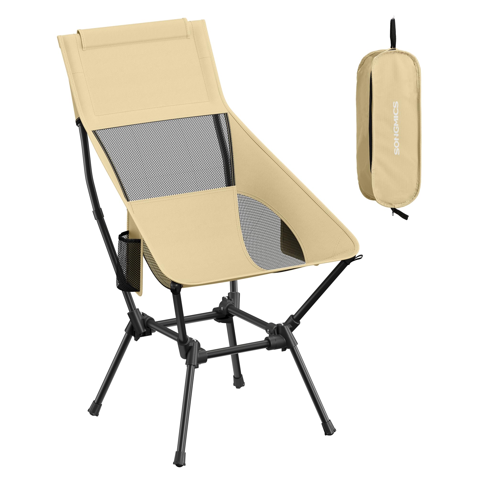 SONGMICS High Back Camping Chair, Lightweight Folding Beach Chair with Head Support, Adjustable Height, Steel Frame, Supports 150 kg, 2 Pockets, Portable for Travel, Brown GCB051KZ01