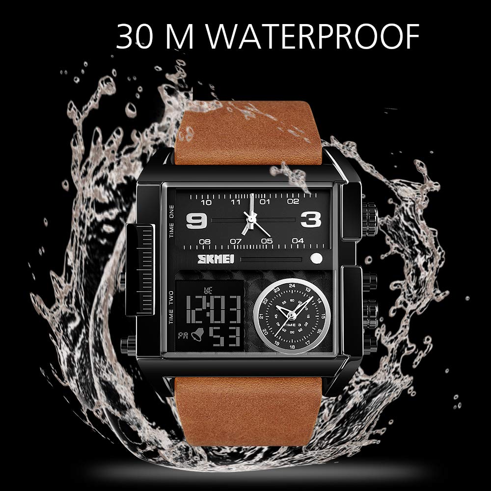 SKMEI Reloj deportivo digital para hombre, LED, cuadrado, esfera grande, analógico, de cuarzo, con cronómetro impermeable multizona horaria, Negro Marrón, Digital