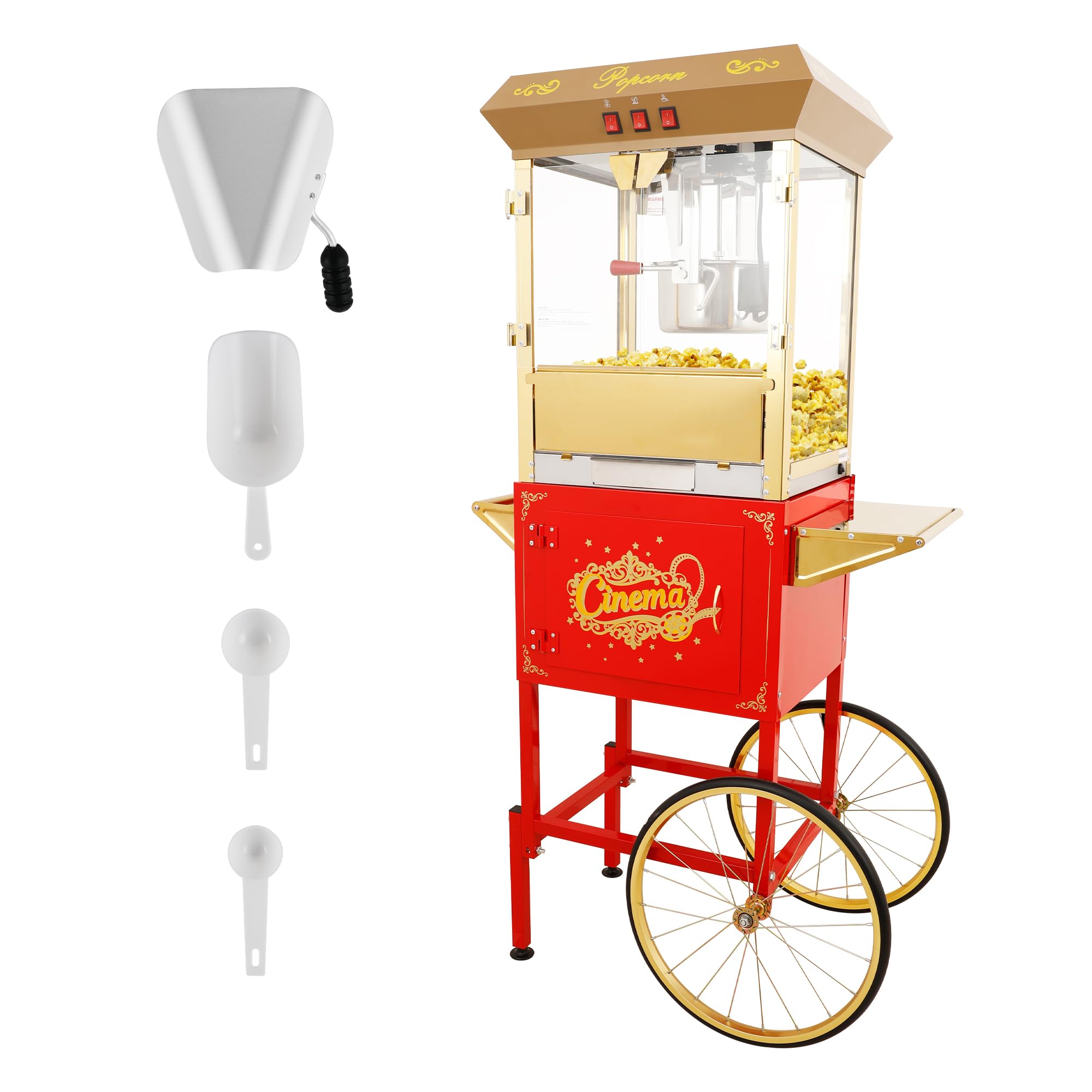 Montary 16 Oz Commercial Popcorn Machine with Cart,Vintage Style Popcorn maker Equipped with Popcorn Scoops,Heated Deck &amp; Storage for Home Movie House and Carnival,Red