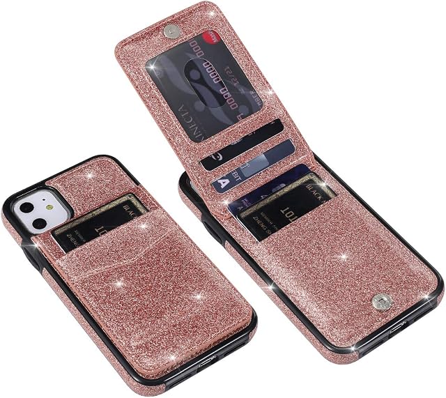 UEEBAI Wallet Case for iPhone 11 Pro Max, Glitter Ultra Slim PU Leather Case Back Wallet Kickstand Cover with Card Holder Slots Magnetic Clasp TPU Shockproof Flip Folio Case - Rose Gold