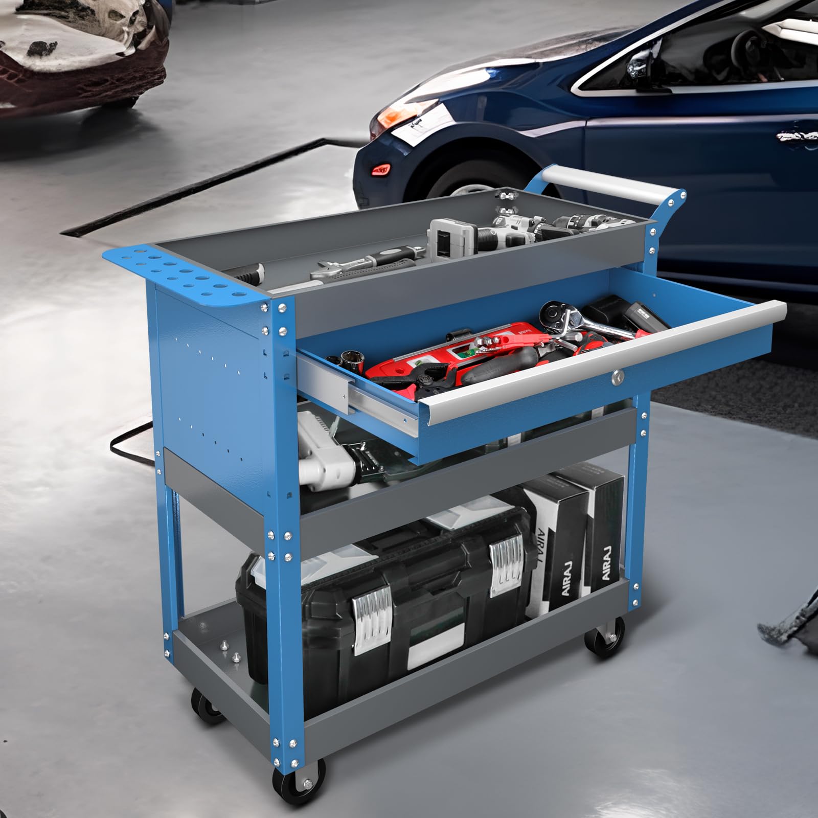 Carrello Porta Attrezzi con Ruote a Tre Livelli AIRAJ,Carrello Officina con Cassetti,Carrello Attrezzi Adatto per Garage, Officine, Magazzini e Officine,Carrello da Officina,Blu