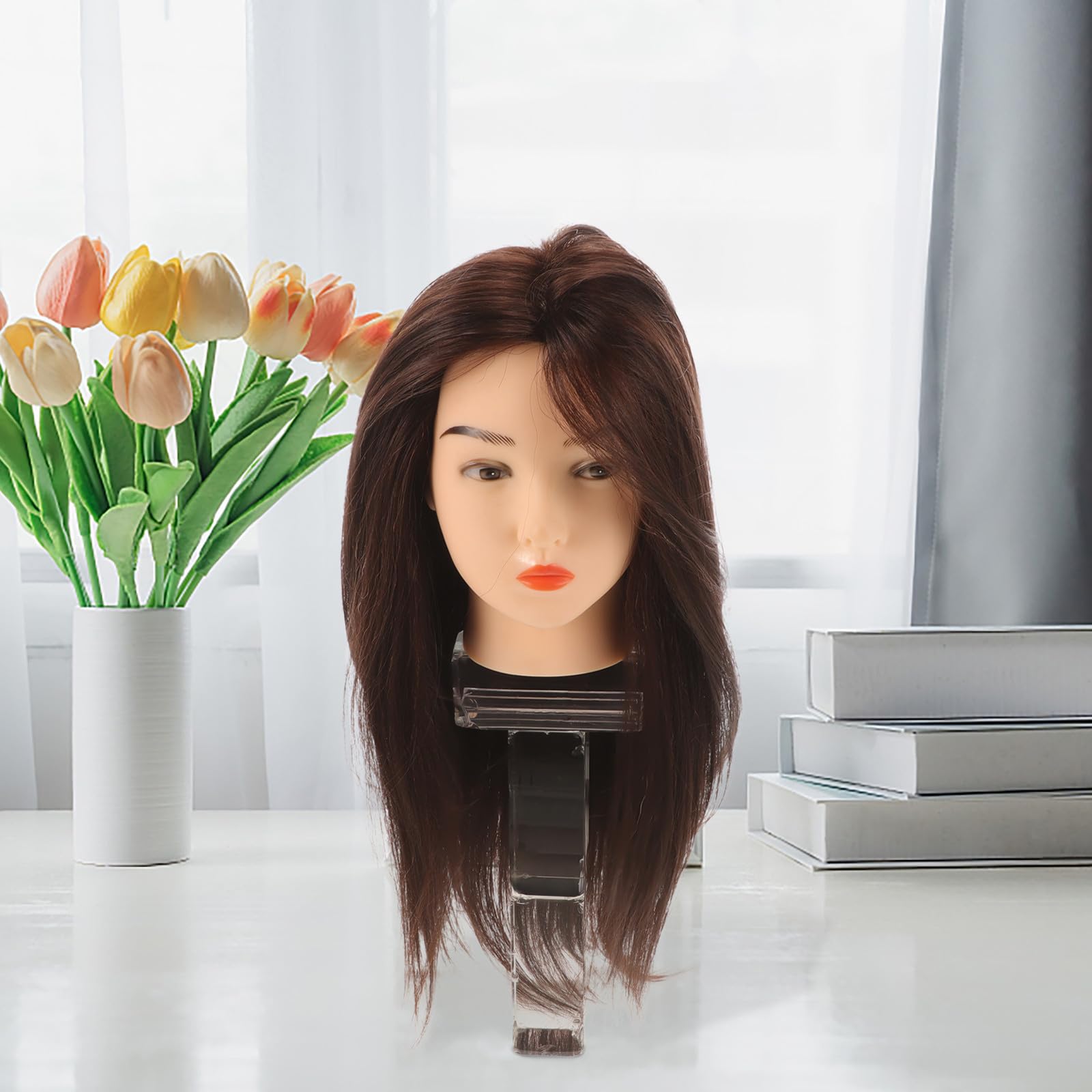 Übungskopf aus Echthaar für Friseur und Styling mit Halterung