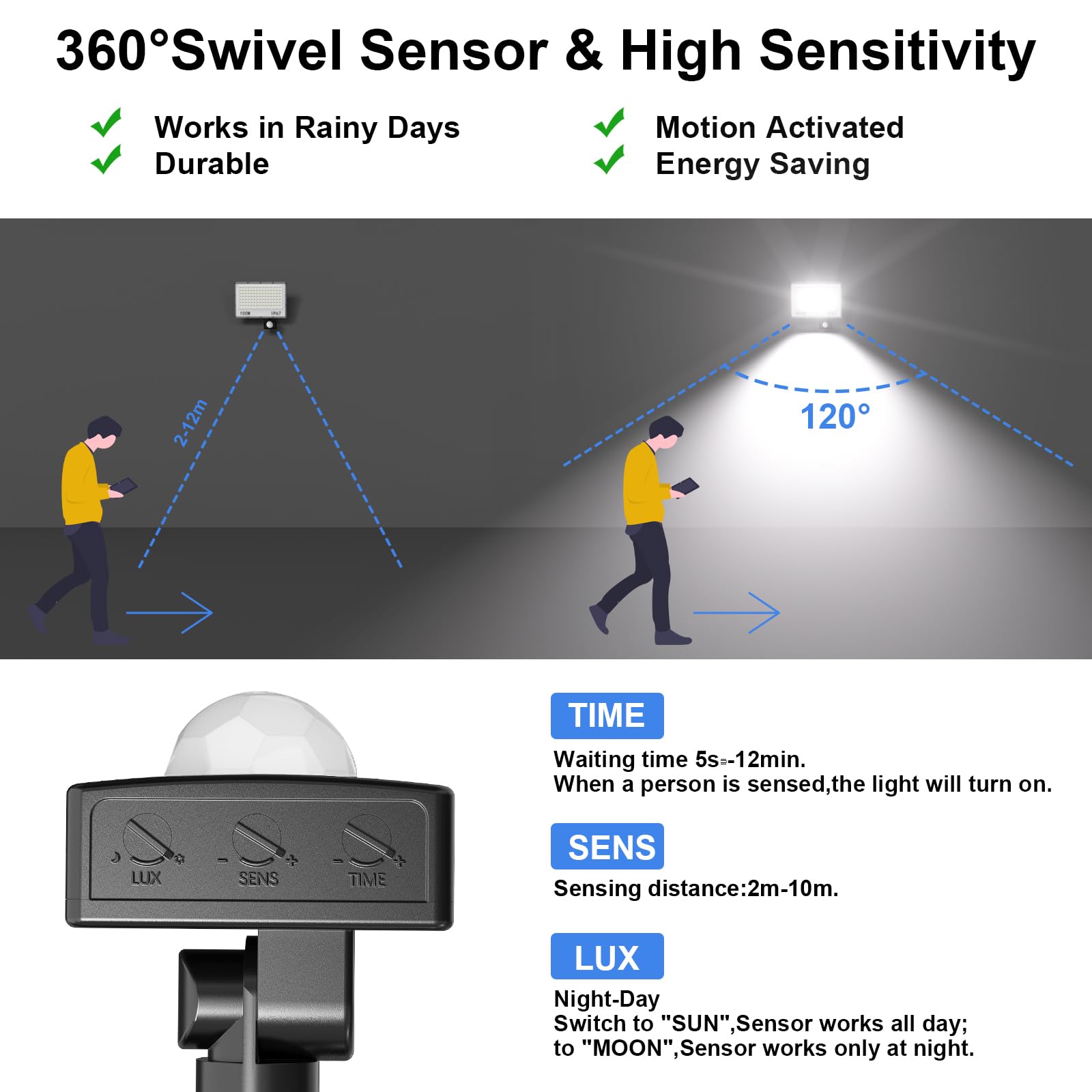 Projecteur LED Exterieur Detecteur de Mouvement 100W - 10000LM Spot LED Extérieur Detecteur de Mouvement Etanche IP67 6500K Blanc Froid 1 Pièce Phare Exterieur avec Detecteur pour Jardin