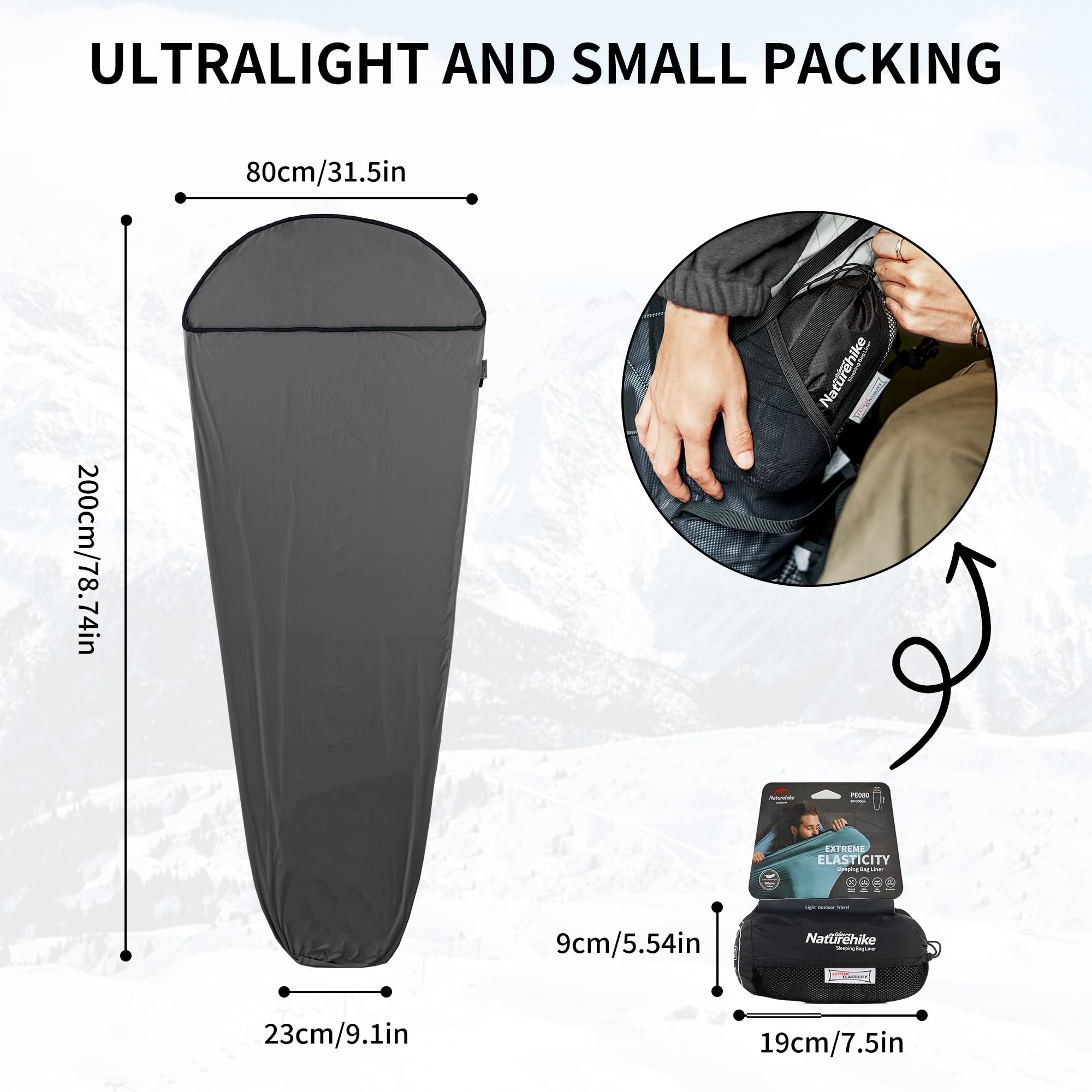 Naturehike Sacco a pelo ultraleggero Sleeping Bag Liner solo 390 g ad alta elasticità, sacco a pelo da viaggio con ingombro ridotto per backpacking, ostelli e campeggio