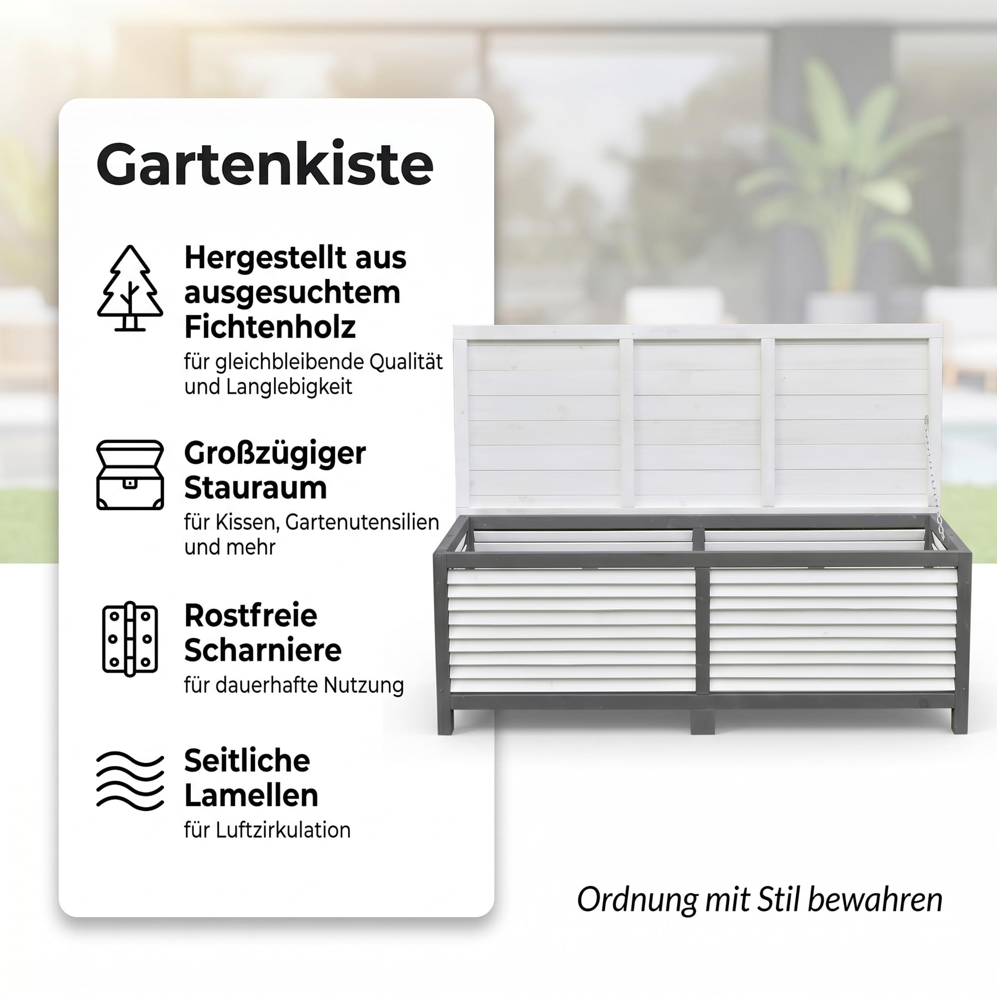 Mucola Gartenbox Auflagenbox Gartentruhe wetterfest 140 cm Weiß Grau