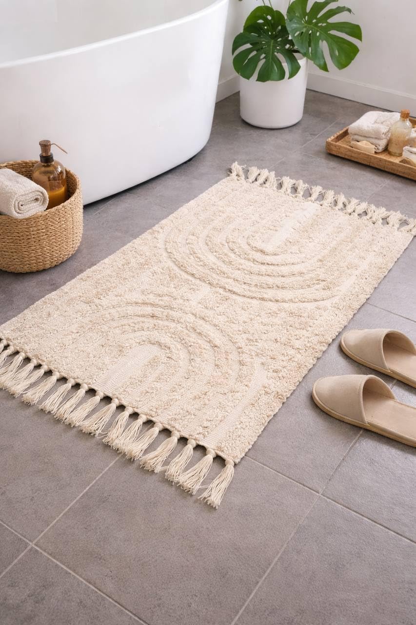 Boho Bath Mat Cotton Bathroom Rug Tassels Soft Woven 24x37 Washable Absorbent