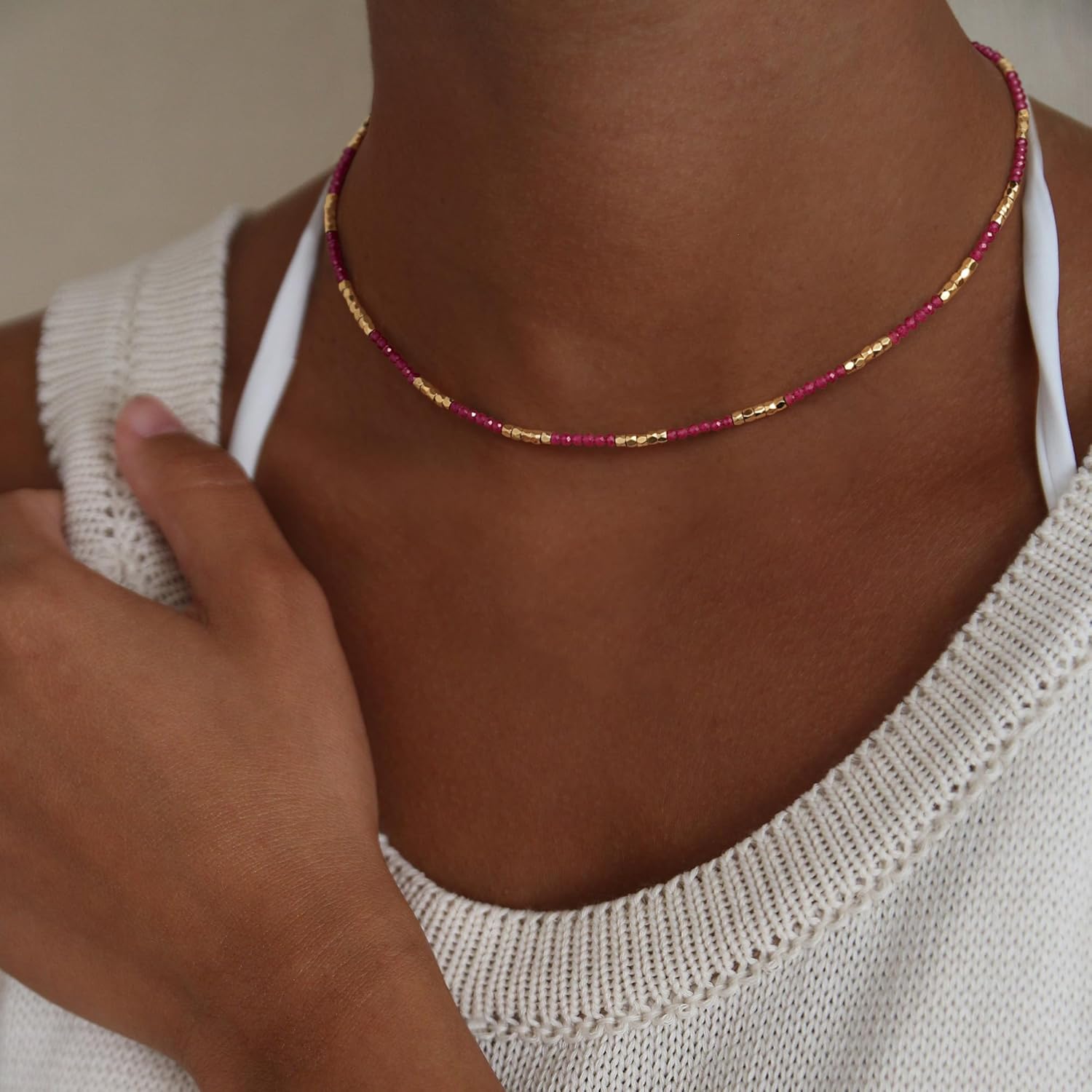 MYEARS Women Beaded Choker Necklace Gemstone 14K Gold Plated Simple Dainty Handmade Chain Everyday Trendy Jewelry - Image 2