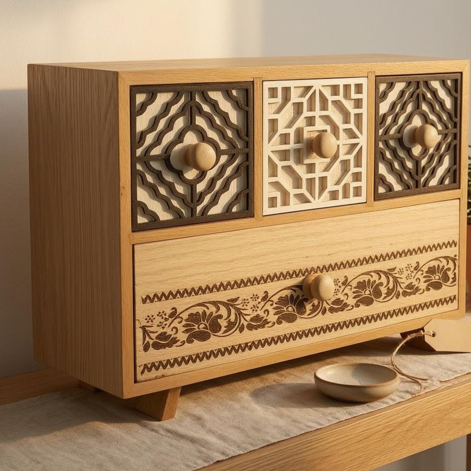 Cajonera 4 Cajones Patas Inclinadas, Cajonera De Madera con Tres Cajones Superiores con Patrones Geométricos Calados Y Un Cajón Inferior con Patrón Floral Negro, Estilo A