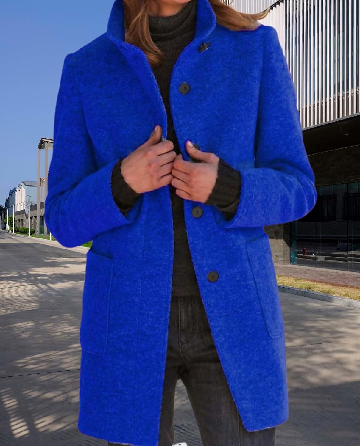 Womens Winter Long Vintage Solid Color Coat Wool Blend Standing Collar Button Thickened Jacket - Image 4