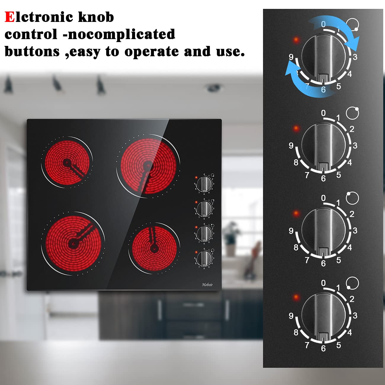 Ceramic Hob 4 Zones Electric Hob with Knobs Built in 6000W Ceramic Hob 60cm with Non-abrasive Black Glass Auto Switch off Safety Hard Wire, No Plug Included — view 6