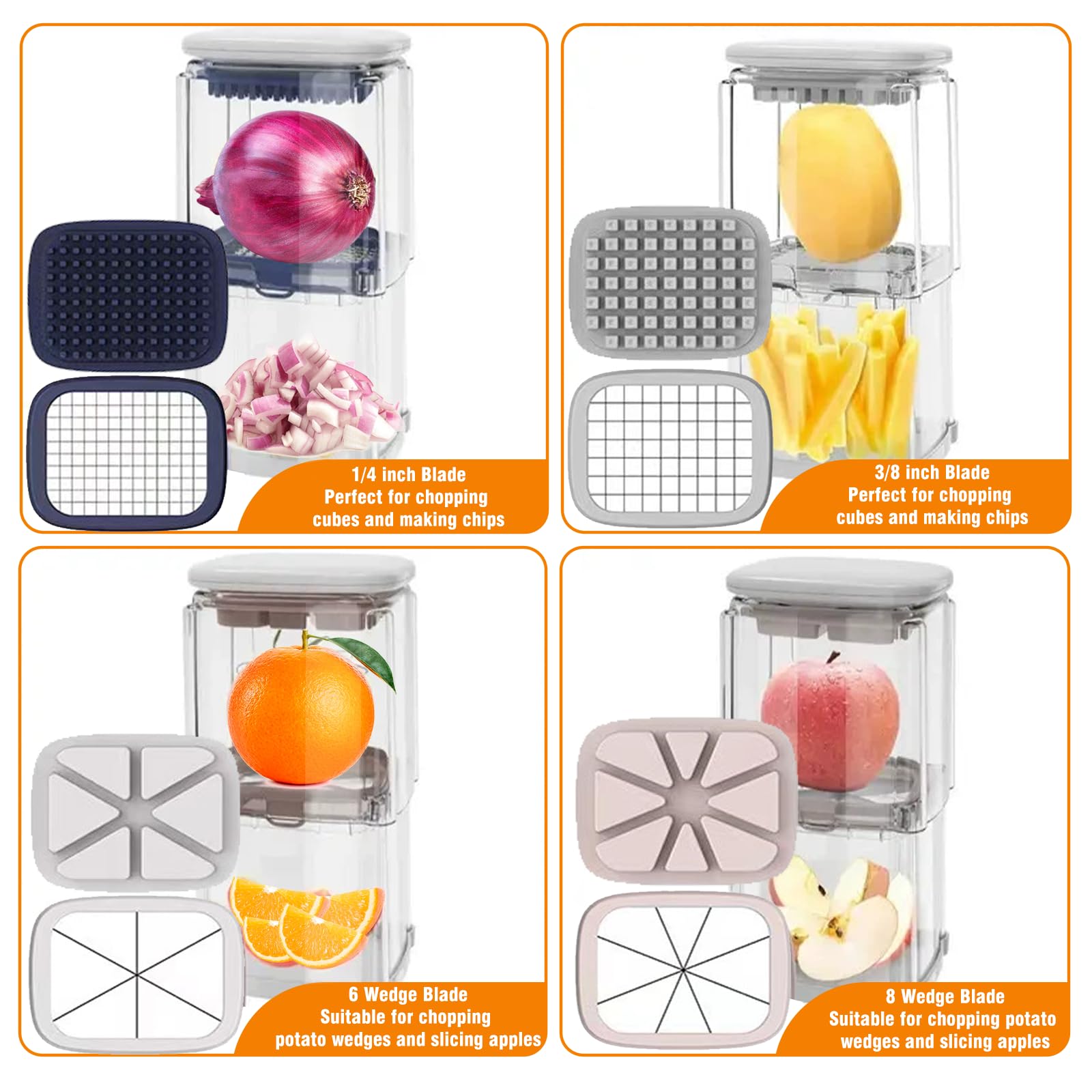4 en 1 Coupe Frite Polyvalent avec Lame Inox, Coupe Légumes Manuel, Couper Rapide Frites, Boîte Hachage Alimentaire, Hachoir Aliments, Coupe Pomme Terre Multifonctions pour Frites, Fruits, Oignon