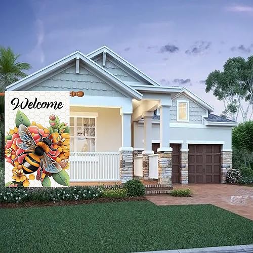 Miniatura 2 de Surfapans Bandera de bienvenida de verano de 28 x 40 pulgadas, doble cara exterior de abeja y flor, banderas de arpillera grande para patio al aire