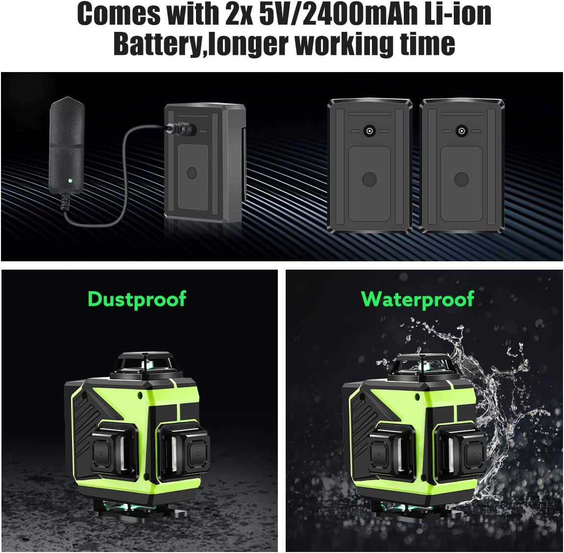 Diagram showing the Seesii 4D Laser Level's rechargeable batteries and charging process, highlighting its dustproof and waterproof features.