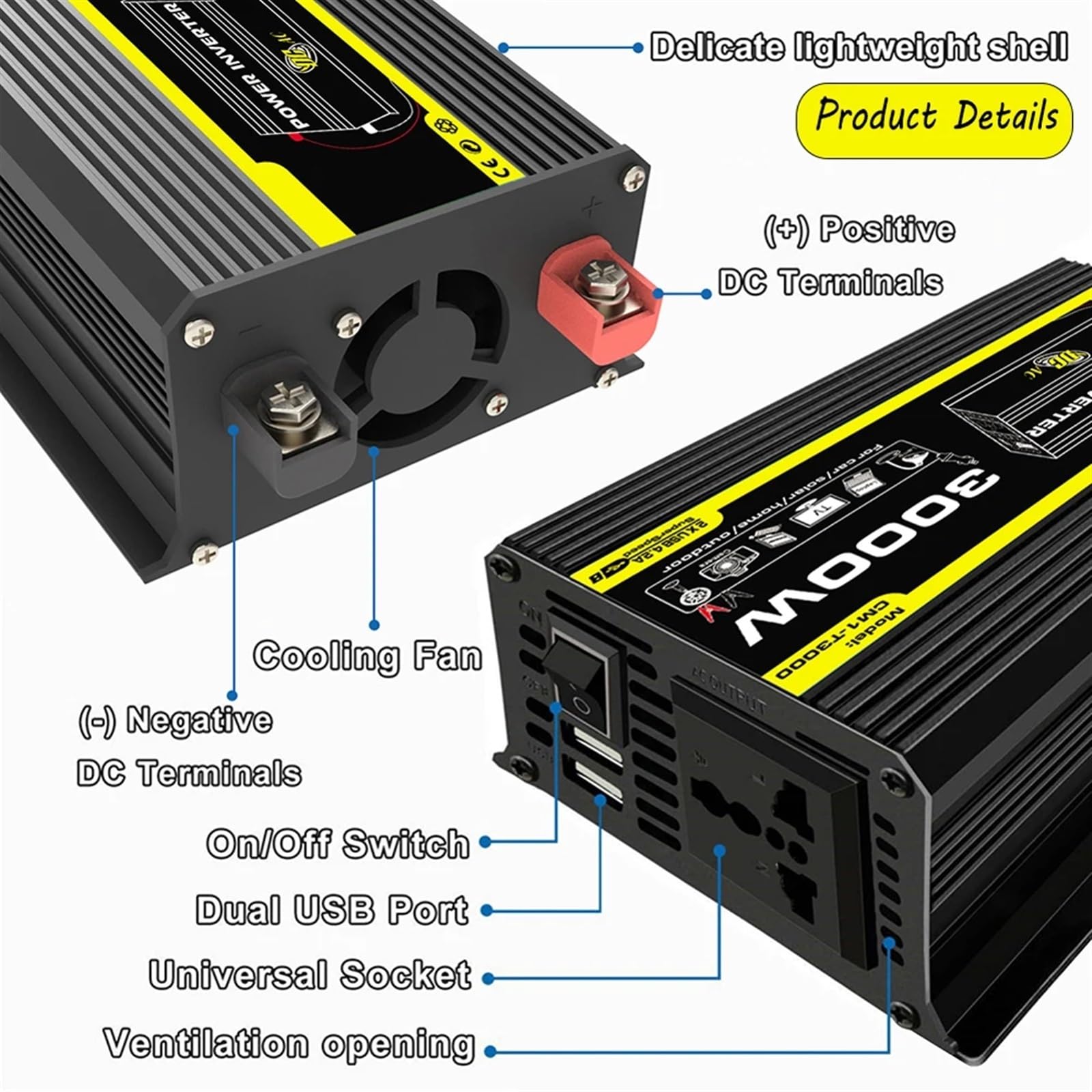 Mikroinwerter, 3000W Pojazd Inteligentny Inwerter DC 12V do AC Samochodowy Transformator Napięcia Wbudowany Bezpiecznik Cyfrowy Inwerter Mocy do Przyczepy Kamperowej(Nero)