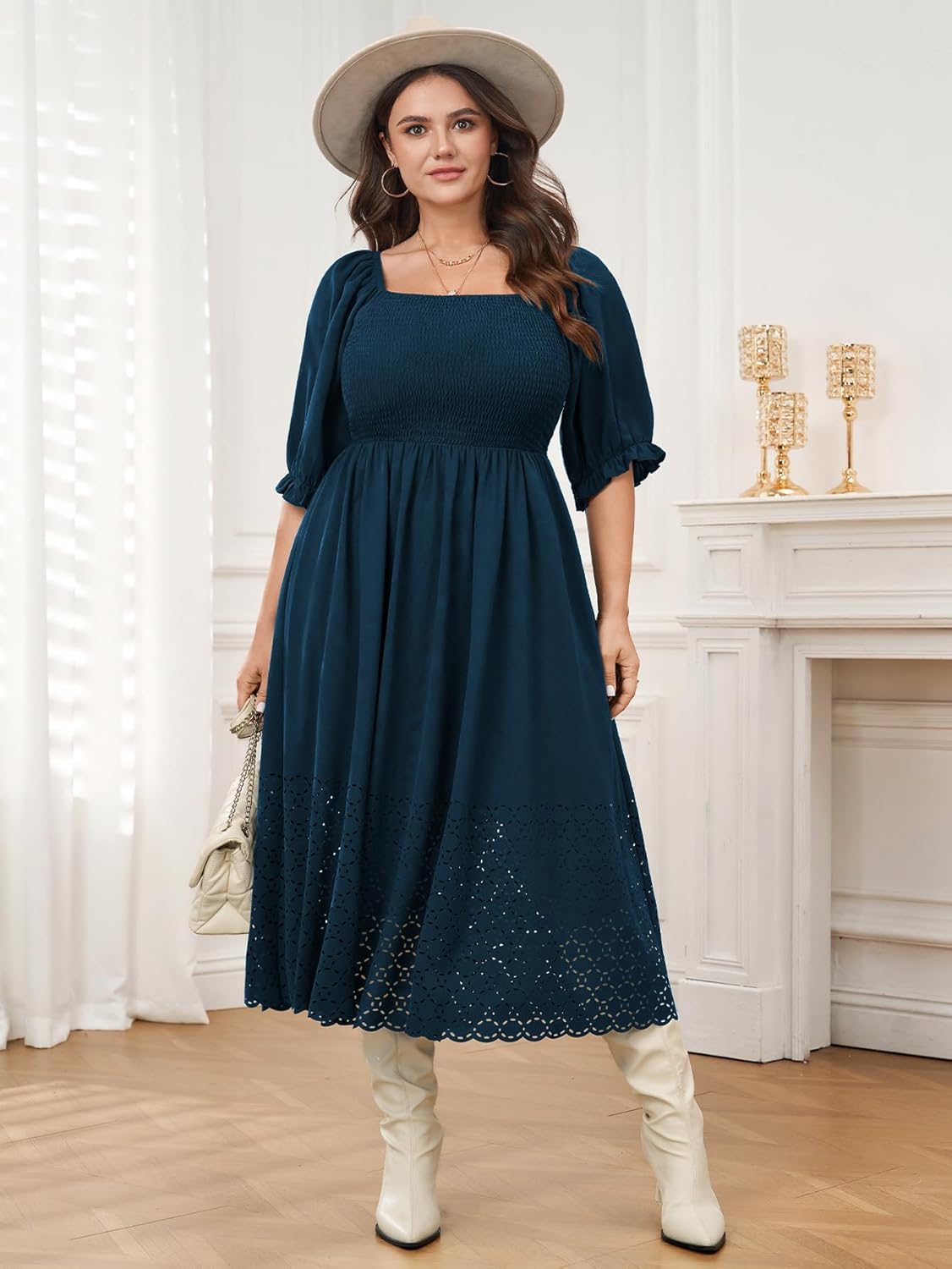 SCOMCHIC Women's Plus Size Maxi Dress Short Sleeve Square Neck Hollow Out Smocked Flowy A-Line Boho Wedding Guest Dresses - Image 6