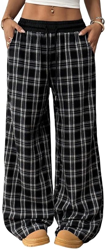 jinghuiyue Womens Wide Leg Pants Plaid Palazzo Pants Drawstring High Waist Elastic Lounge Pants Pajama Trousers with Pocket