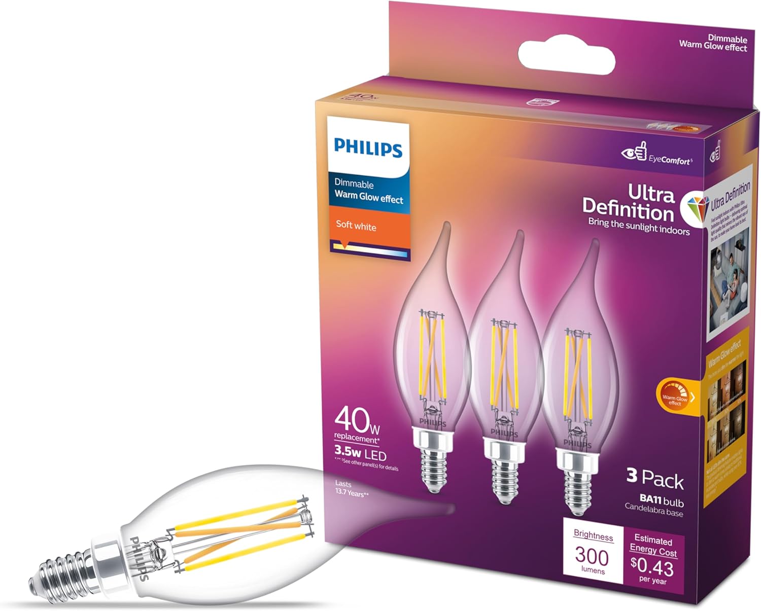 PHILIPS LED 40W BA11 E12 Base 3-Pack Ultra Definition Soft White (2700K) 300 Lumen (3.5W = 40W) Dimmable Frosted Flicker-Free Candelabra Light Bulbs