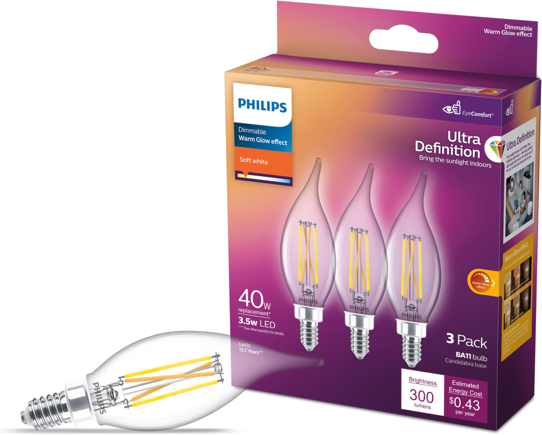 PHILIPS LED 75W BA11 3-Pack Ultra Definition Soft White (2700K) 700 Lumen (6.6W = 75W) Dimmable Clear Flicker-Free Candelabra Light Bulbs Fits E26 or E12 Sockets