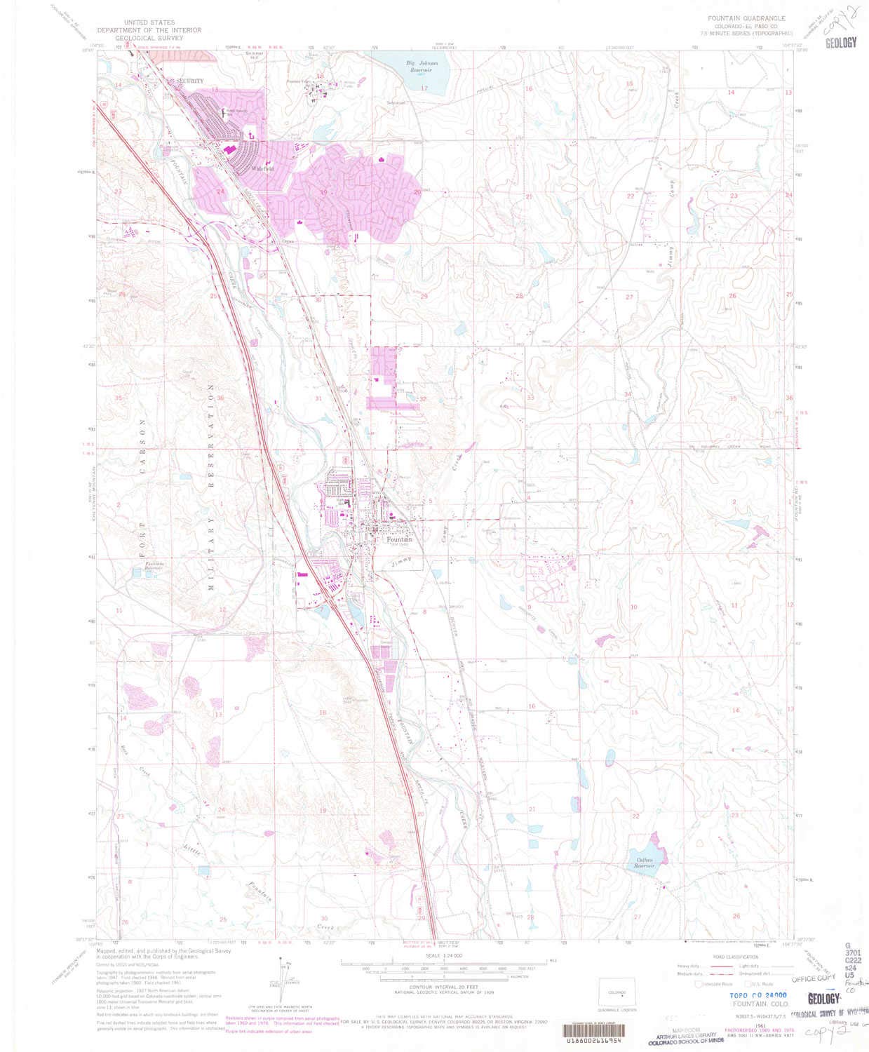 YellowMaps Fountain CO topo map, 1:24000 Scale, 7.5 X 7.5 Minute, Historical, 1961, Updated 1978, 26.9 x 22.2 in - Polypropylene