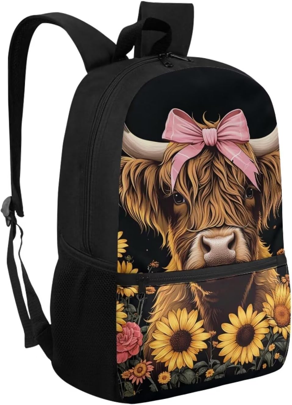 Highland Cow School Backpack Black Bookbag for Elementary School Boy Girls 17 inch School Bag Elementary Preschool Bag Packs Back to School Supplies Back Packs Heavy Duty Daypack