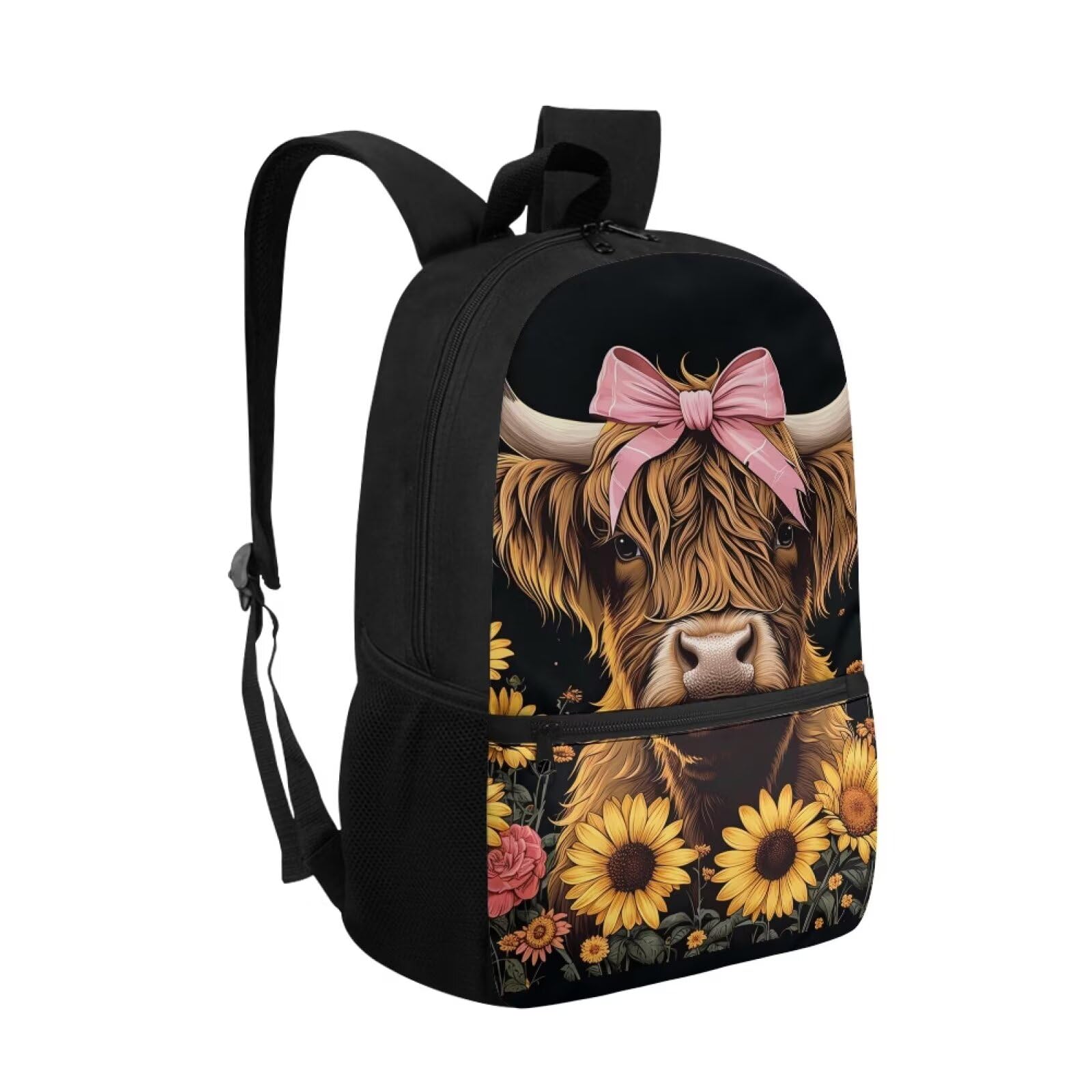 Guosanchn Highland Cow School Backpack Black Bookbag for Elementary School Boy Girls 17 inch School Bag Elementary Preschool Bag Packs Back to School Supplies Back Packs Heavy Duty Daypack